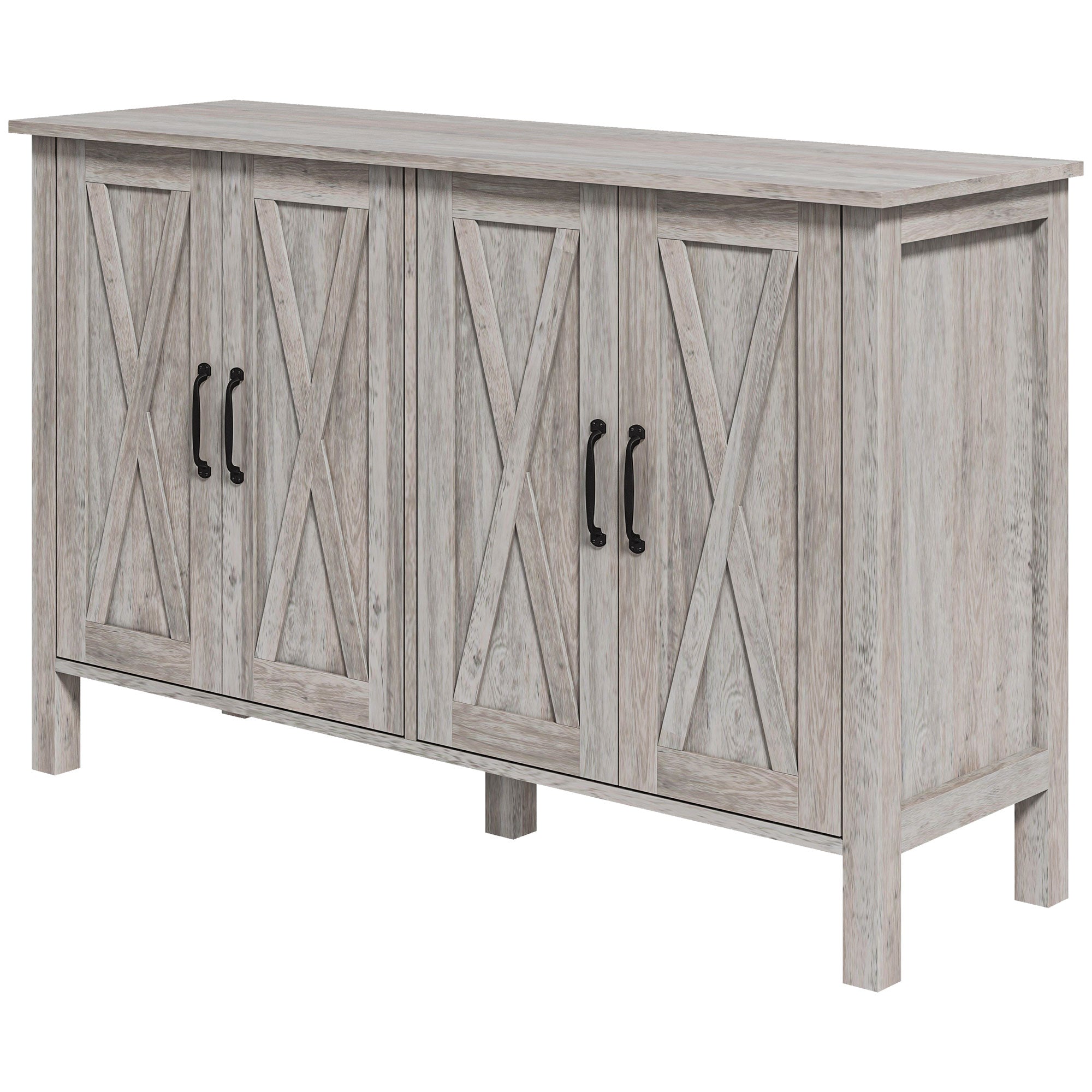 Kitchen Sideboard Buffet Cabinet w/ 4 Barn Doors & 2 Adjustable Shelves, Gray