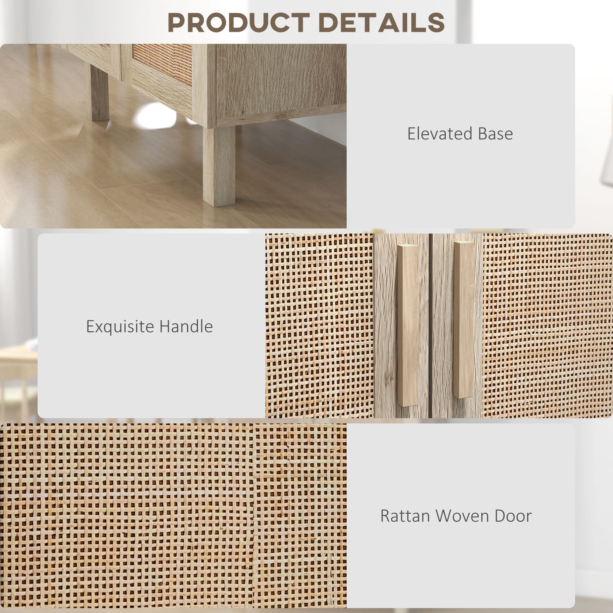 Solace 3 Doors Rattan Cabinet with Adjustable Shelves, Natural