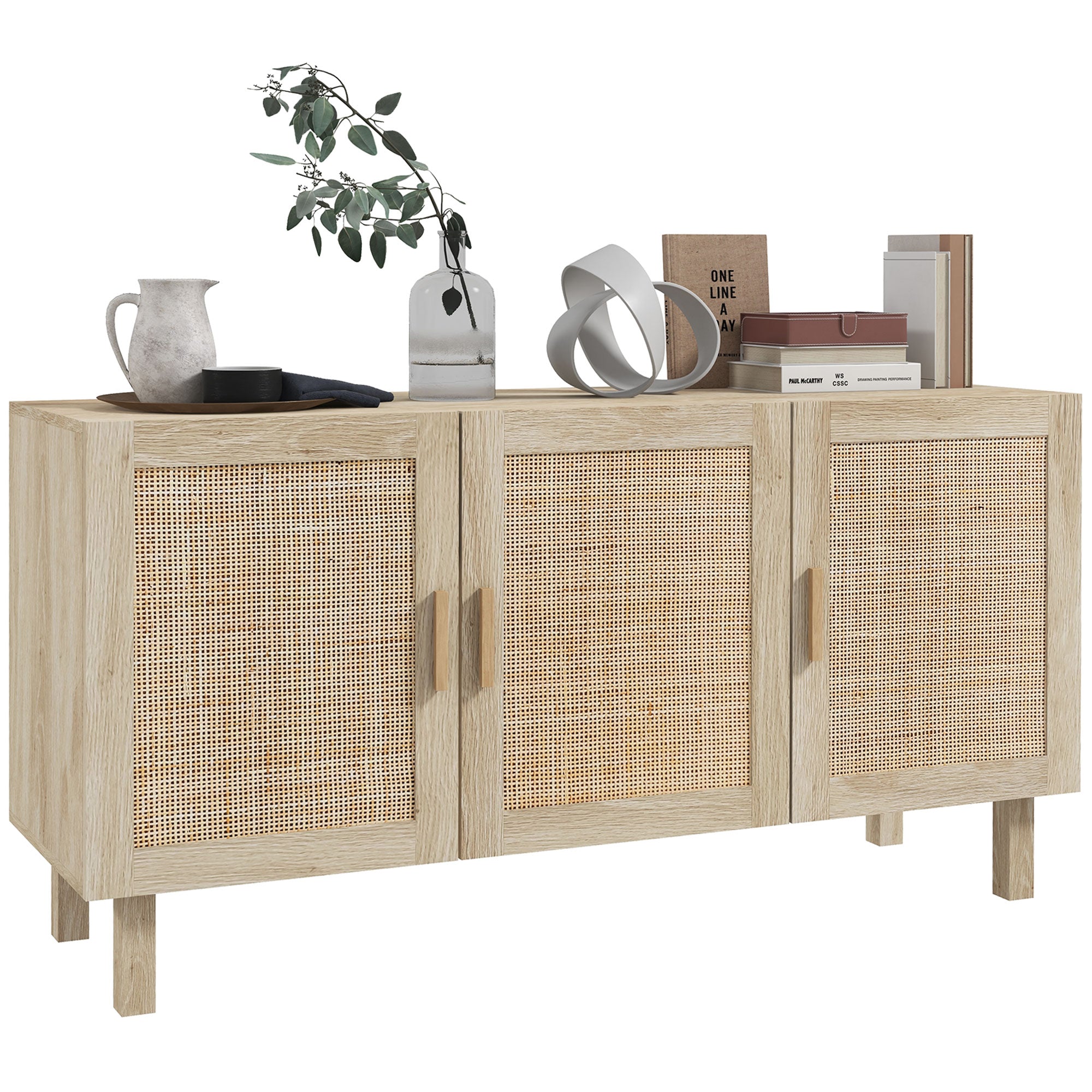 Boho Kitchen Buffet Cabinet with 3 Rattan Doors & Adjustable Shelves, Natural