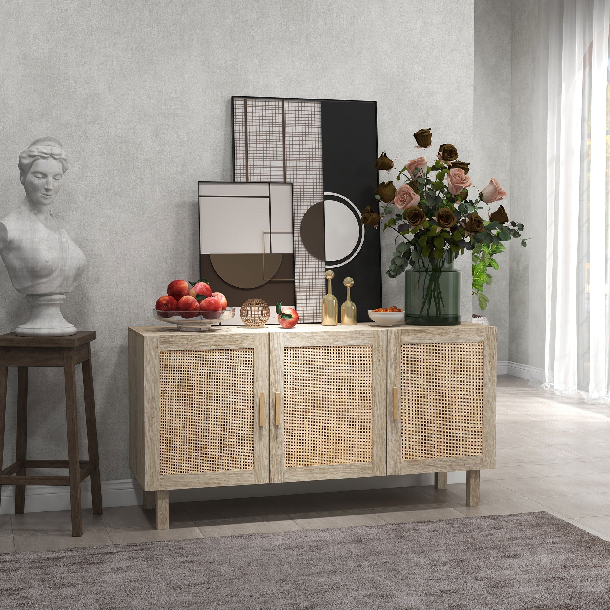 Solace 3 Doors Rattan Cabinet with Adjustable Shelves, Natural