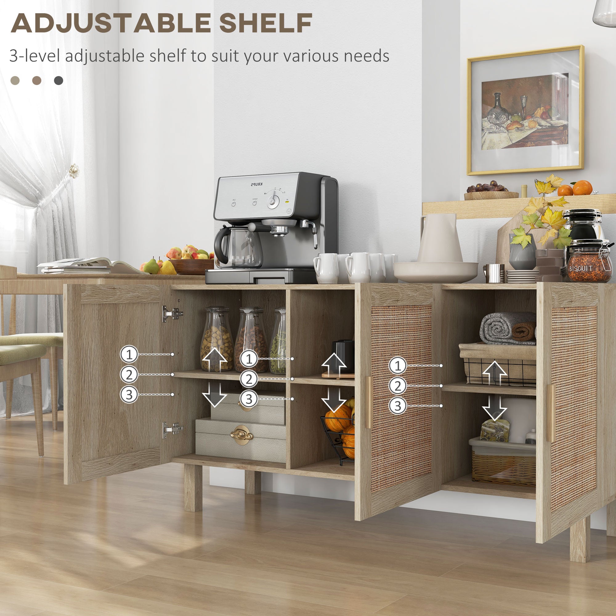 Solace 3 Doors Rattan Cabinet with Adjustable Shelves, Natural