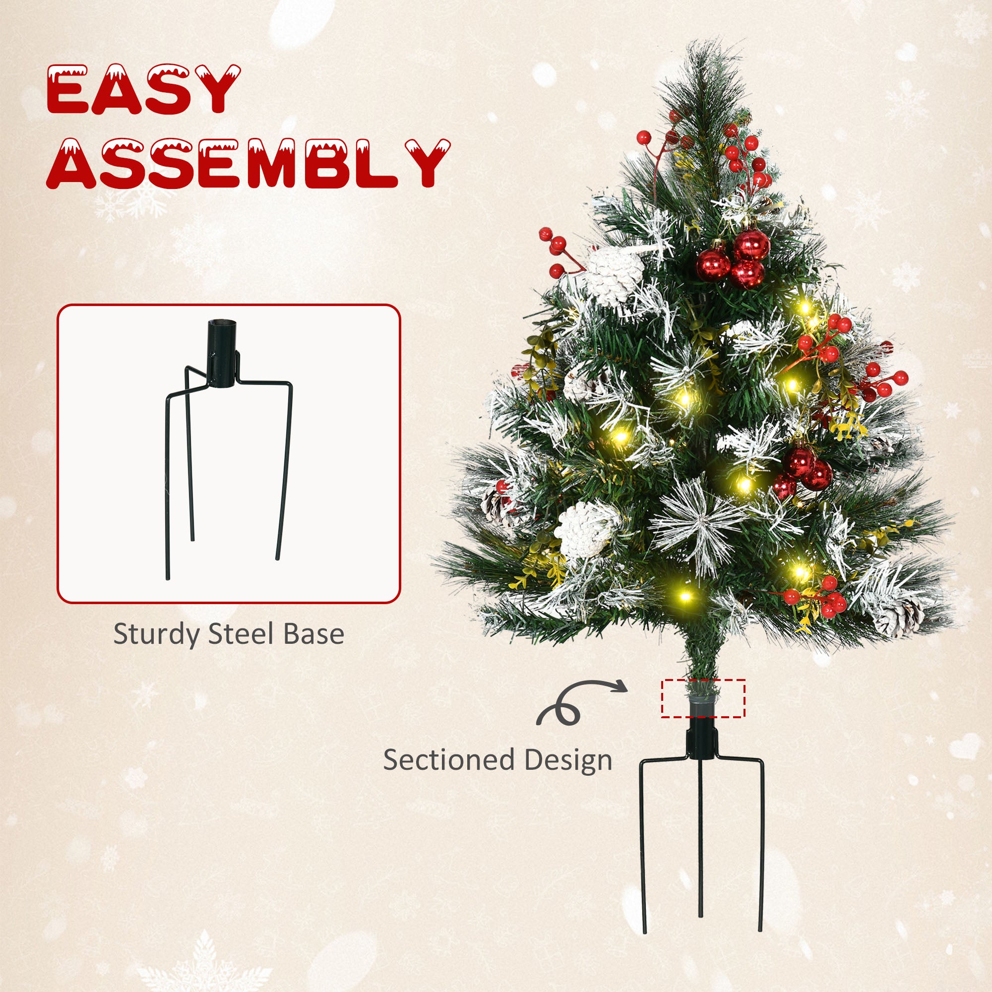 2.5 Ft/30" 2 Pack Outdoor Entryway Pre-Lit Artificial Christmas Tree Cordless with 70 Branches, Warm White LED lights, Red Berries, Pine Cones, Balls, Green
