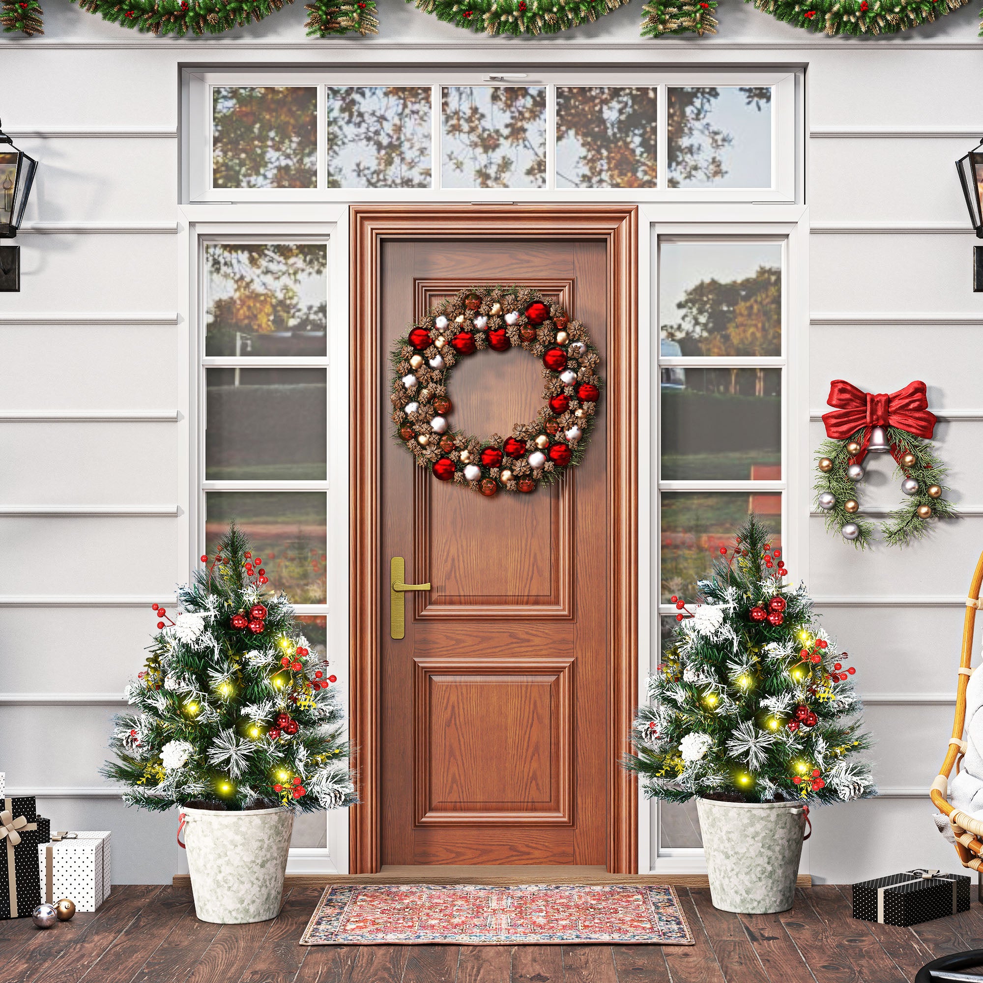 2.5 Ft/30" 2 Pack Outdoor Entryway Pre-Lit Artificial Christmas Tree Cordless with 70 Branches, Warm White LED lights, Red Berries, Pine Cones, Balls, Green