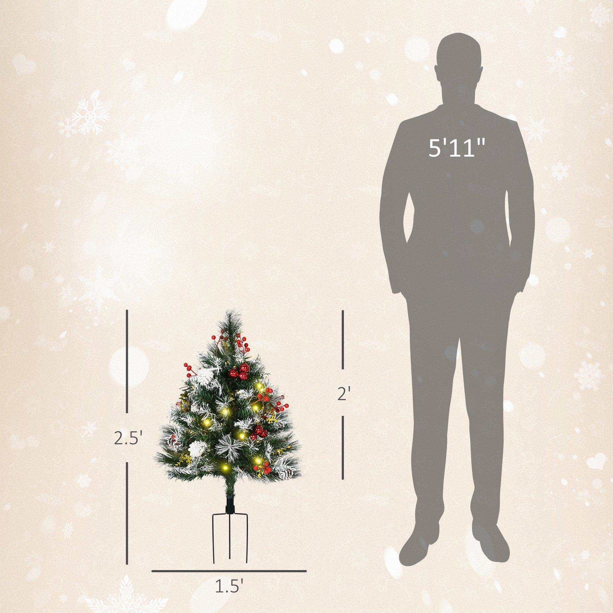 2.5 Ft/30" 2 Pack Outdoor Entryway Pre-Lit Artificial Christmas Tree Cordless with 70 Branches, Warm White LED lights, Red Berries, Pine Cones, Balls, Green