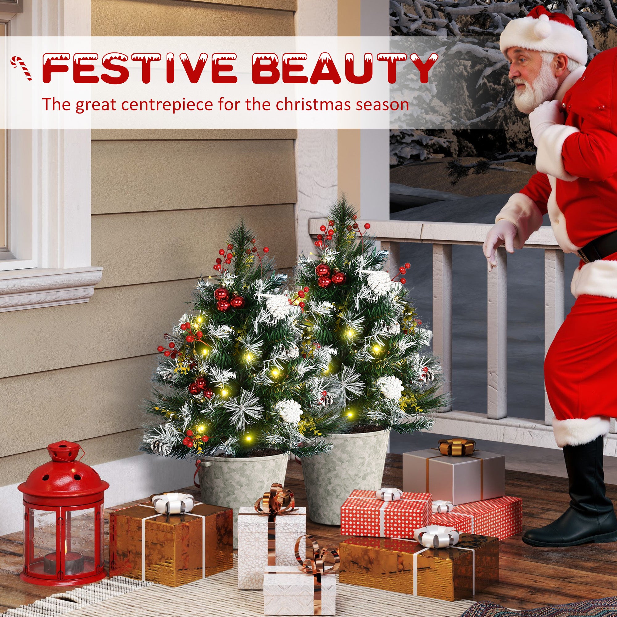 2.5 Ft/30" 2 Pack Outdoor Entryway Pre-Lit Artificial Christmas Tree Cordless with 70 Branches, Warm White LED lights, Red Berries, Pine Cones, Balls, Green