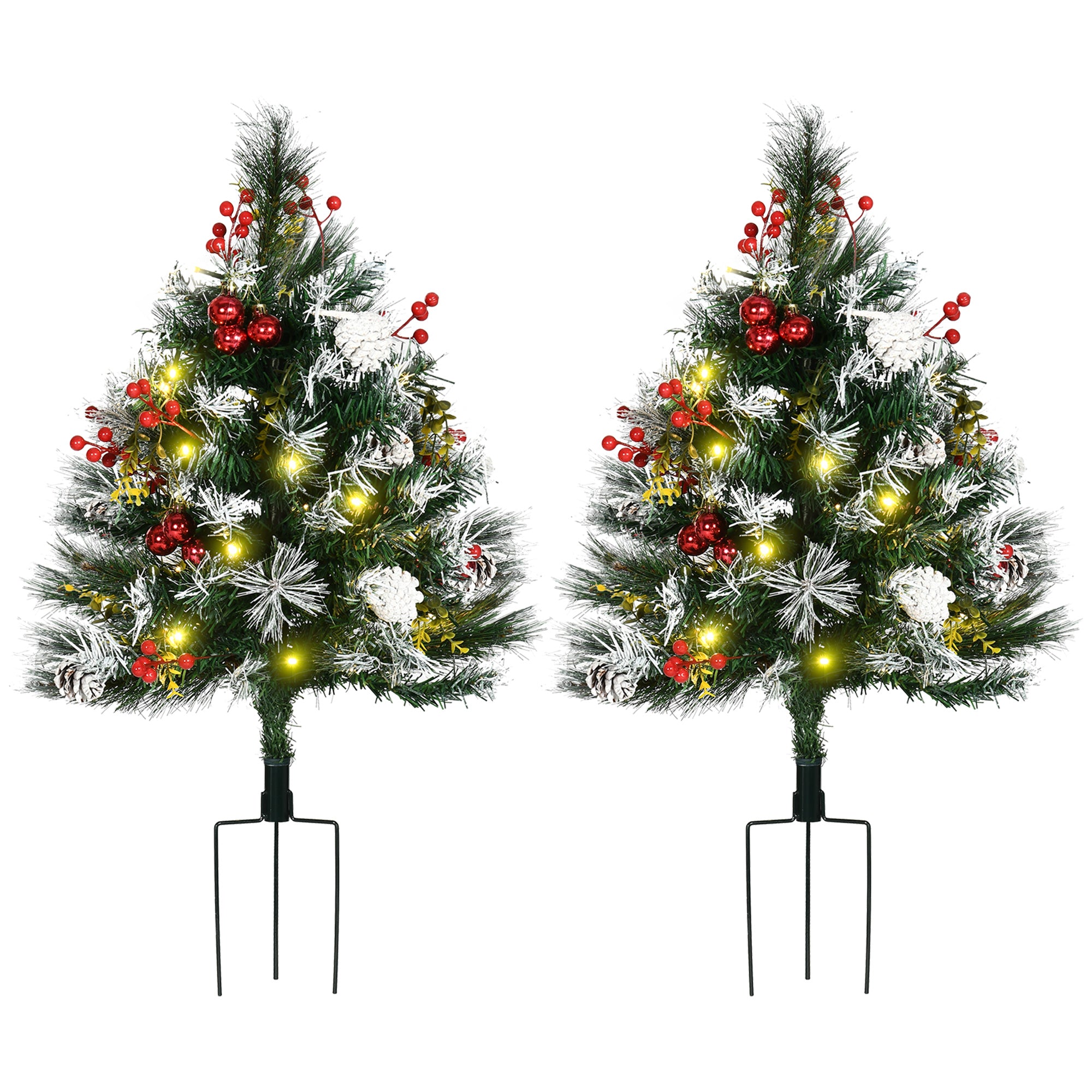 2.5 Ft/30" 2 Pack Outdoor Entryway Pre-Lit Artificial Christmas Tree Cordless with 70 Branches, Warm White LED lights, Red Berries, Pine Cones, Balls, Green