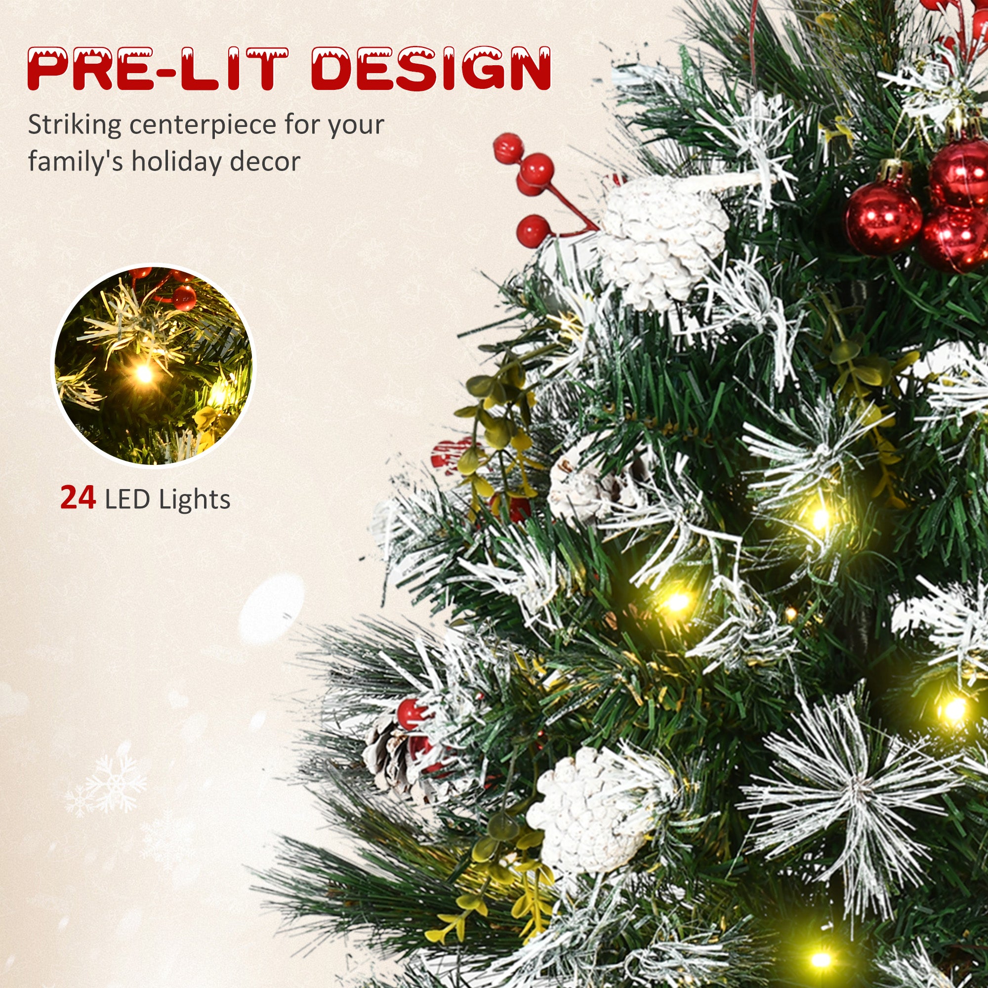 2.5 Ft/30" 2 Pack Outdoor Entryway Pre-Lit Artificial Christmas Tree Cordless with 70 Branches, Warm White LED lights, Red Berries, Pine Cones, Balls, Green