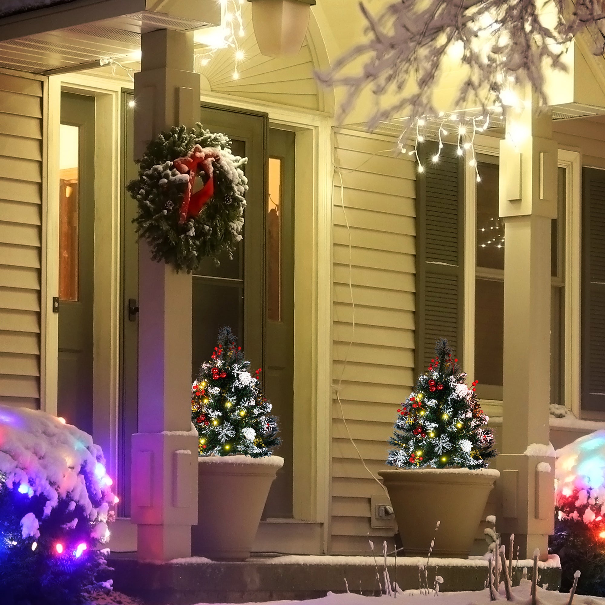2.5 Ft/30" 2 Pack Outdoor Entryway Pre-Lit Artificial Christmas Tree Cordless with 70 Branches, Warm White LED lights, Red Berries, Pine Cones, Balls, Green