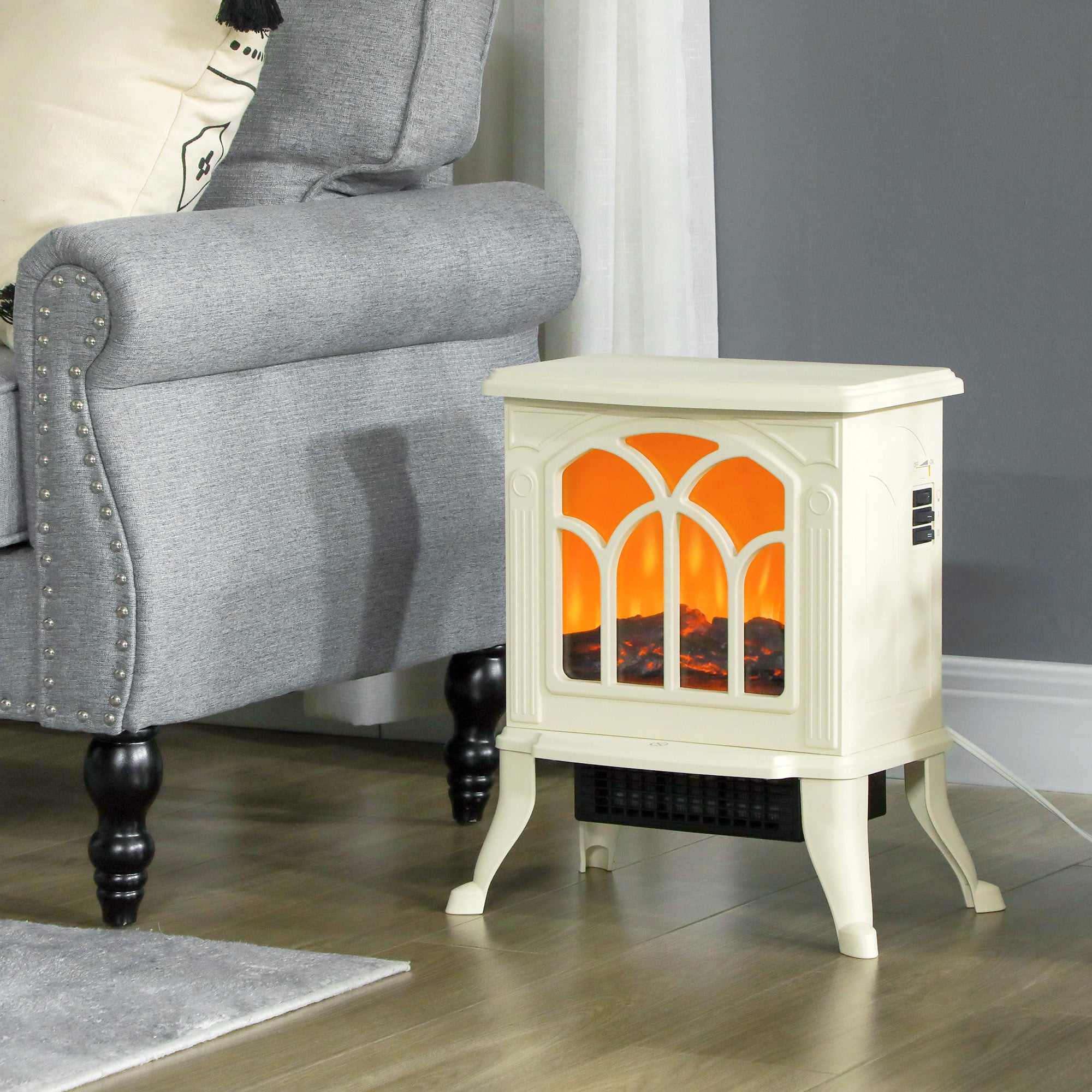 30" Freestanding Electric Fireplace Heater with Flame Effect Effect, 750W/1500W, Beige