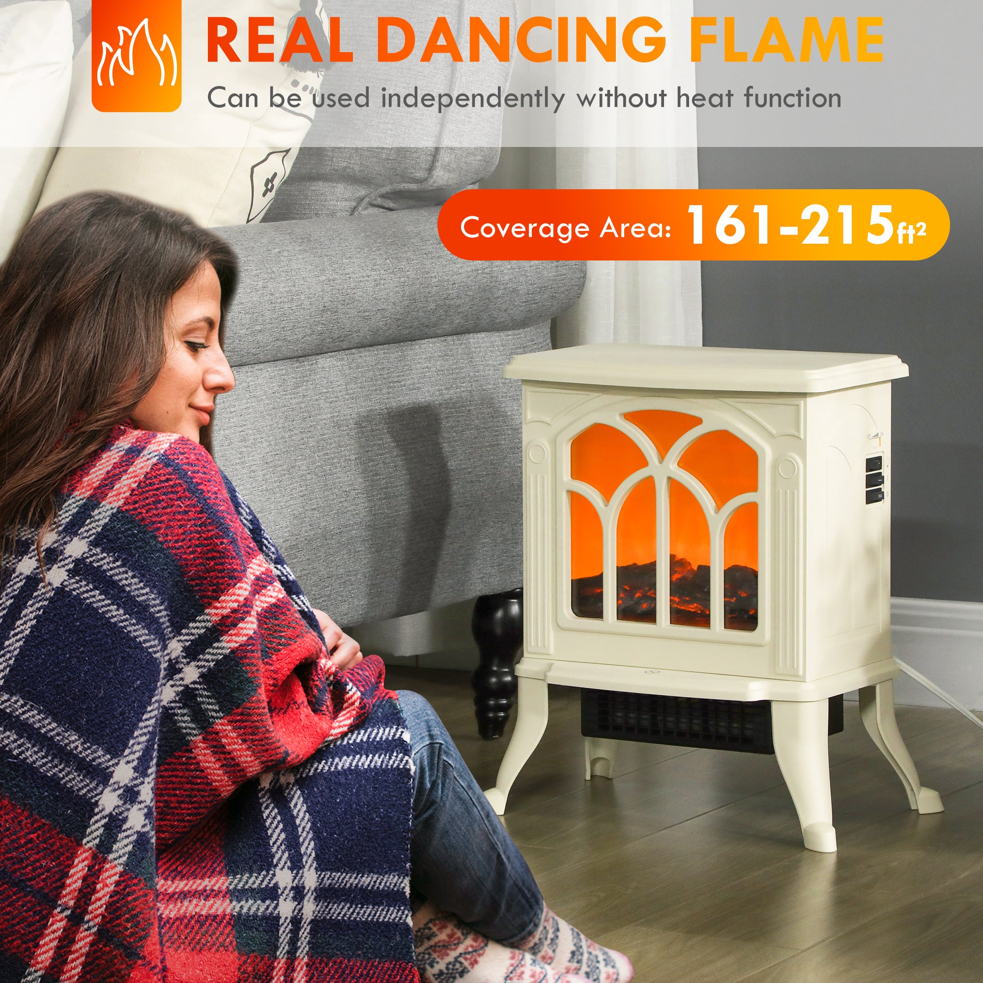30" Freestanding Electric Fireplace Heater with Flame Effect Effect, 750W/1500W, Beige
