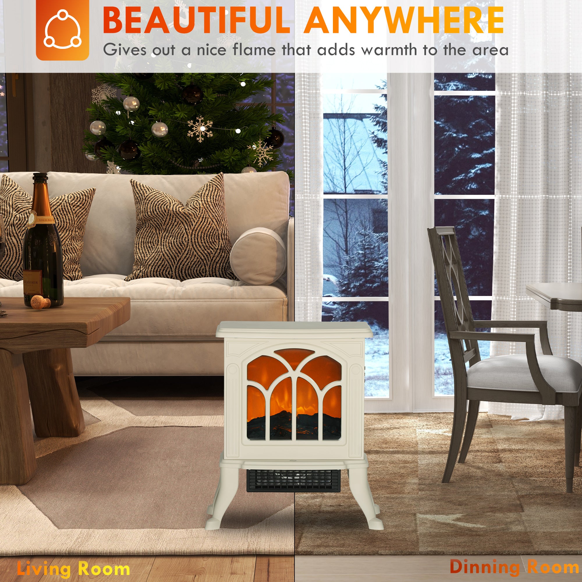 30" Freestanding Electric Fireplace Heater with Flame Effect Effect, 750W/1500W, Beige