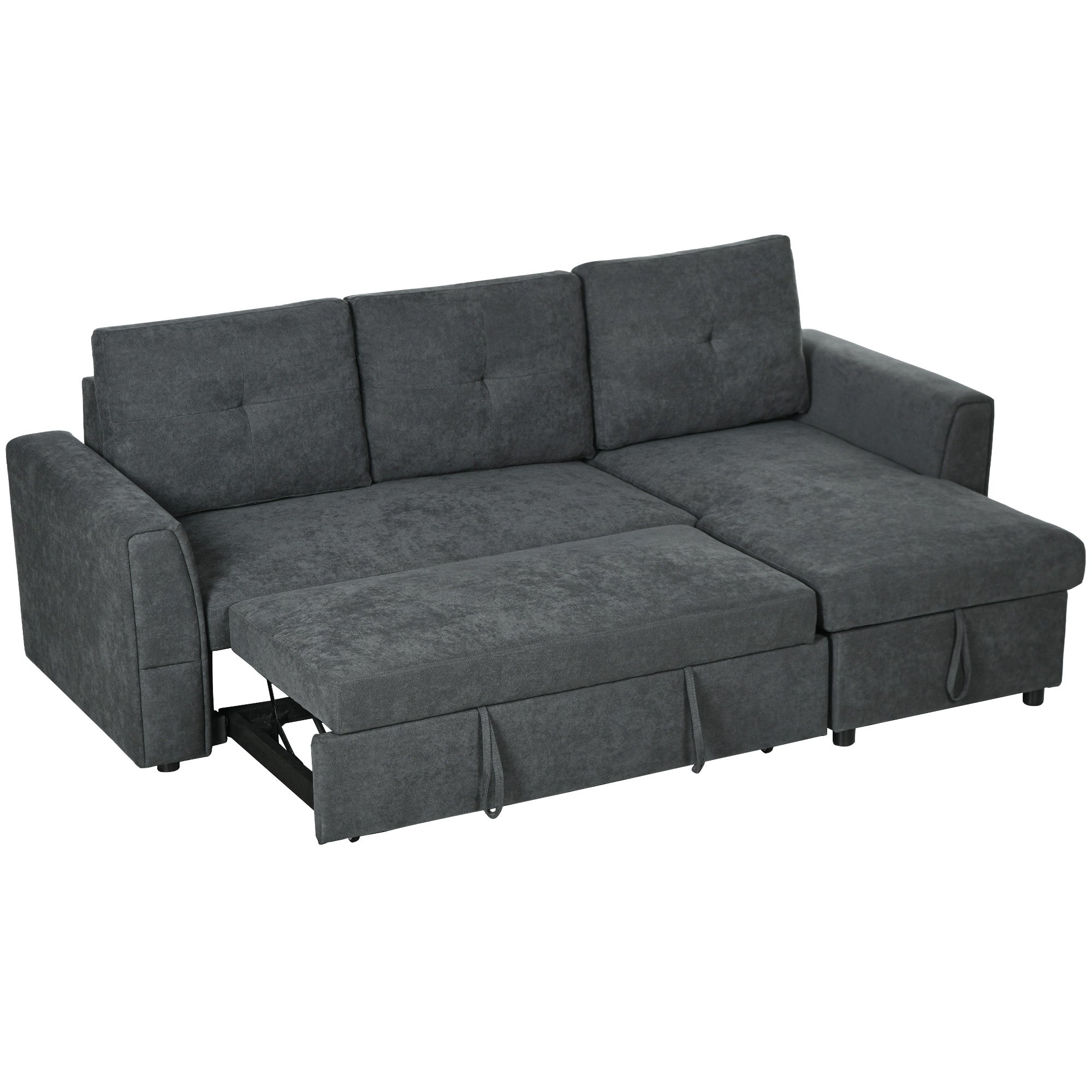 HOMCOM 3 Seater Sofa Bed, L-Shaped Corner Sofa, Pull Out Sofa with Storage, Convertible Click Clack Settee Sectional Sleeper Futon for Living Room, Office, Dark Grey
