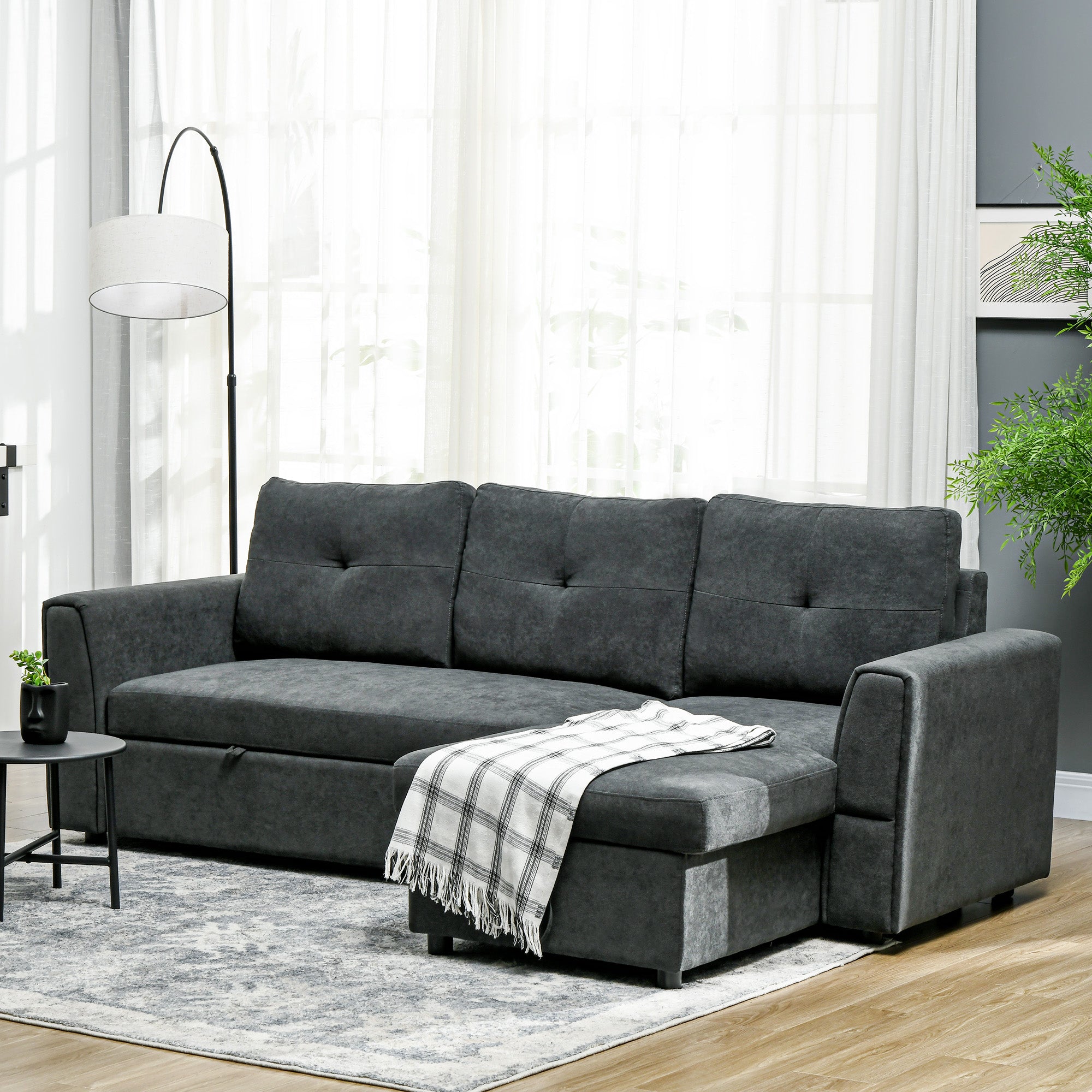 HOMCOM 3 Seater Sofa Bed, L-Shaped Corner Sofa, Pull Out Sofa with Storage, Convertible Click Clack Settee Sectional Sleeper Futon for Living Room, Office, Dark Grey
