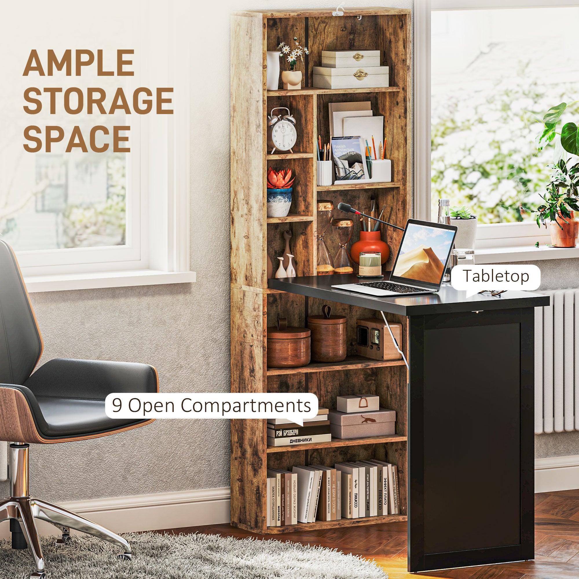 HOMCOM Wall Mounted Computer Desk, Folding Study Table with Black Board and Bookshelf, Multifunctional Floating Writing Desk for Home Office, Rustic Brown