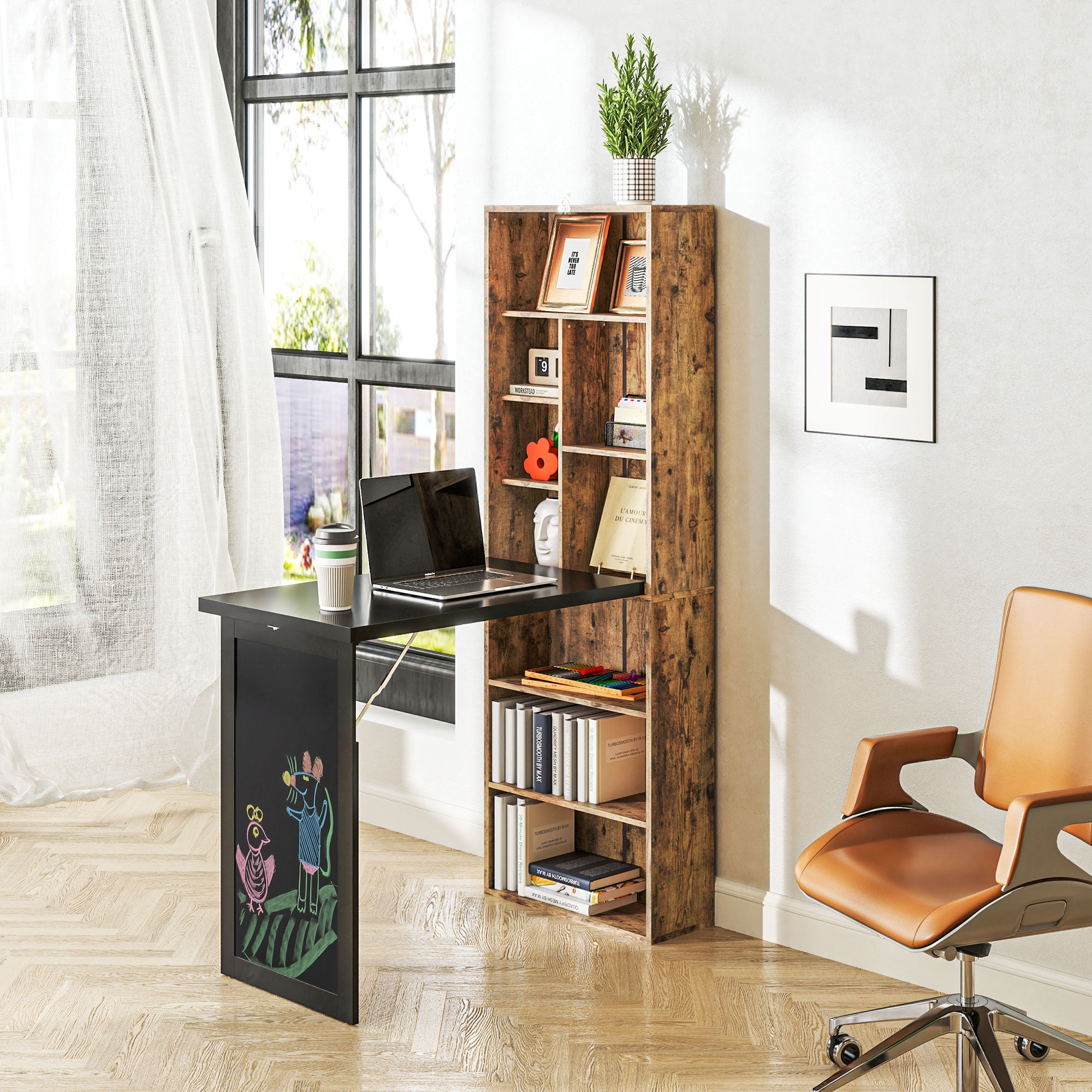 HOMCOM Wall Mounted Computer Desk, Folding Study Table with Black Board and Bookshelf, Multifunctional Floating Writing Desk for Home Office, Rustic Brown