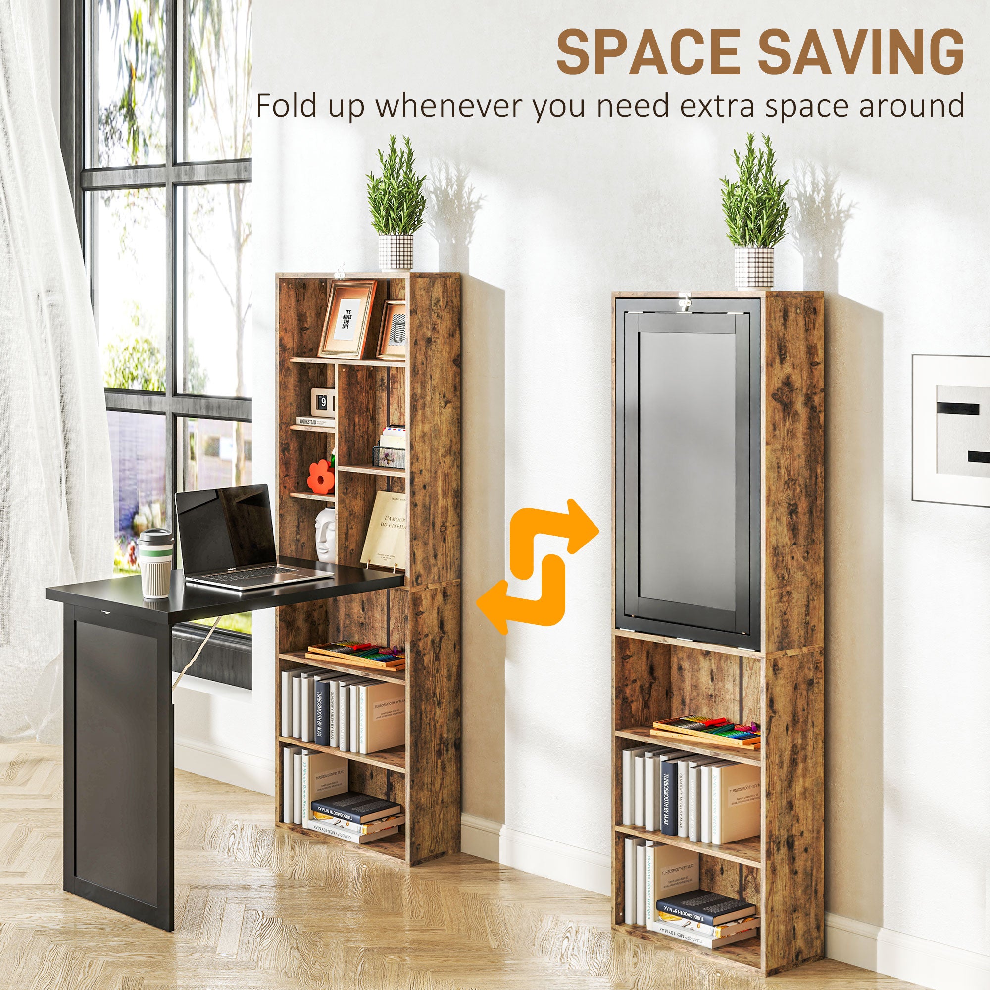 HOMCOM Wall Mounted Computer Desk, Folding Study Table with Black Board and Bookshelf, Multifunctional Floating Writing Desk for Home Office, Rustic Brown