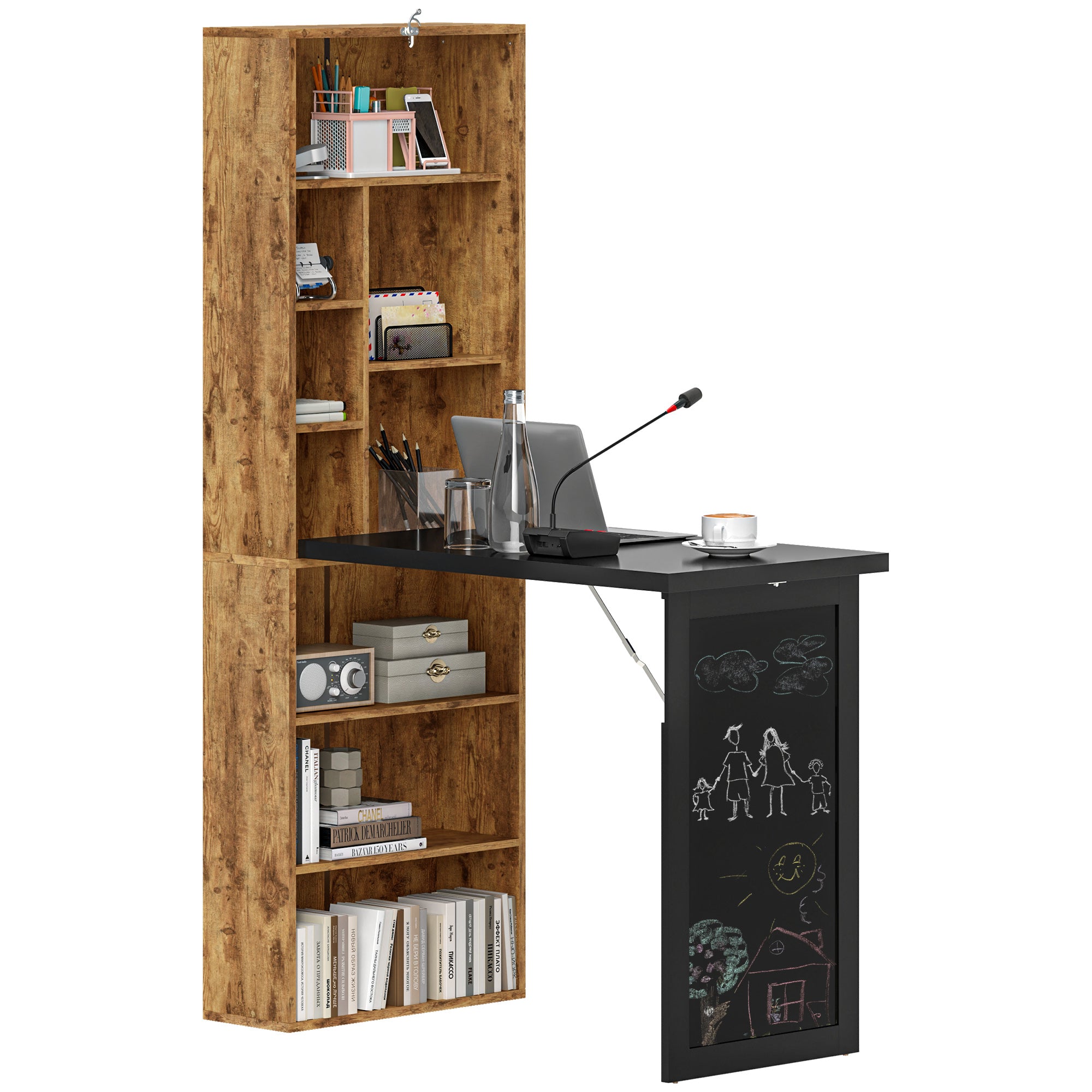 HOMCOM Wall Mounted Computer Desk, Folding Study Table with Black Board and Bookshelf, Multifunctional Floating Writing Desk for Home Office, Rustic Brown