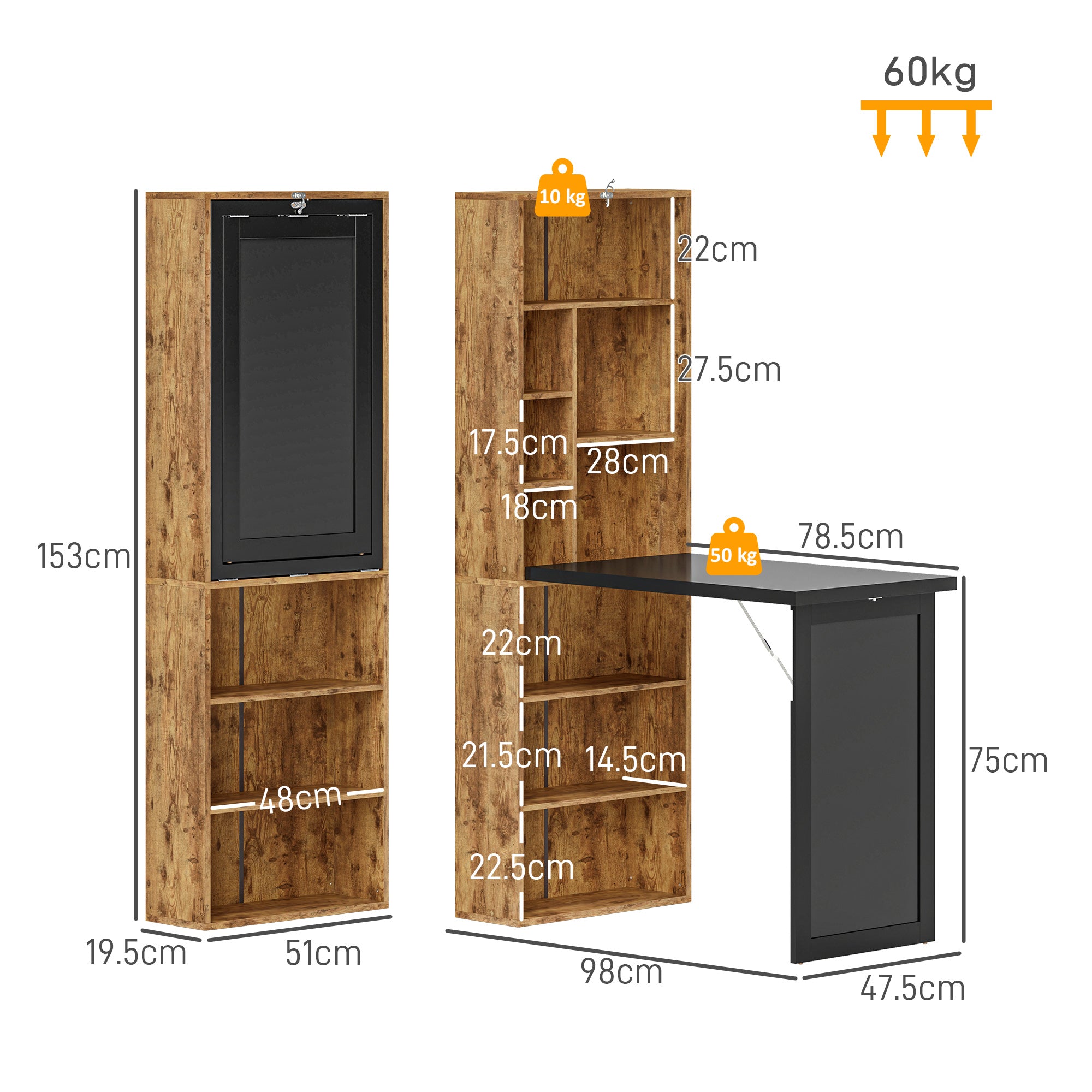 HOMCOM Wall Mounted Computer Desk, Folding Study Table with Black Board and Bookshelf, Multifunctional Floating Writing Desk for Home Office, Rustic Brown