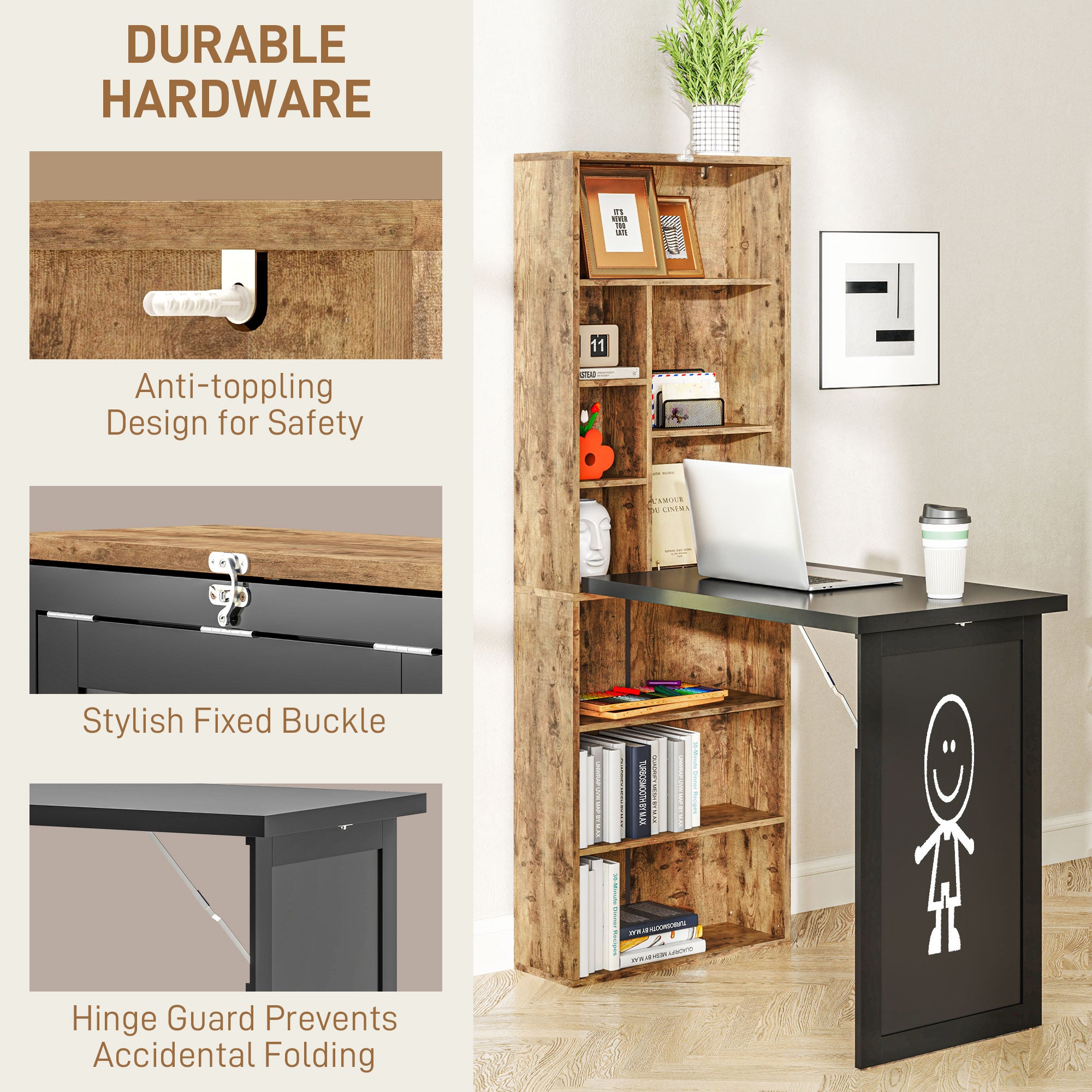 HOMCOM Wall Mounted Computer Desk, Folding Study Table with Black Board and Bookshelf, Multifunctional Floating Writing Desk for Home Office, Rustic Brown
