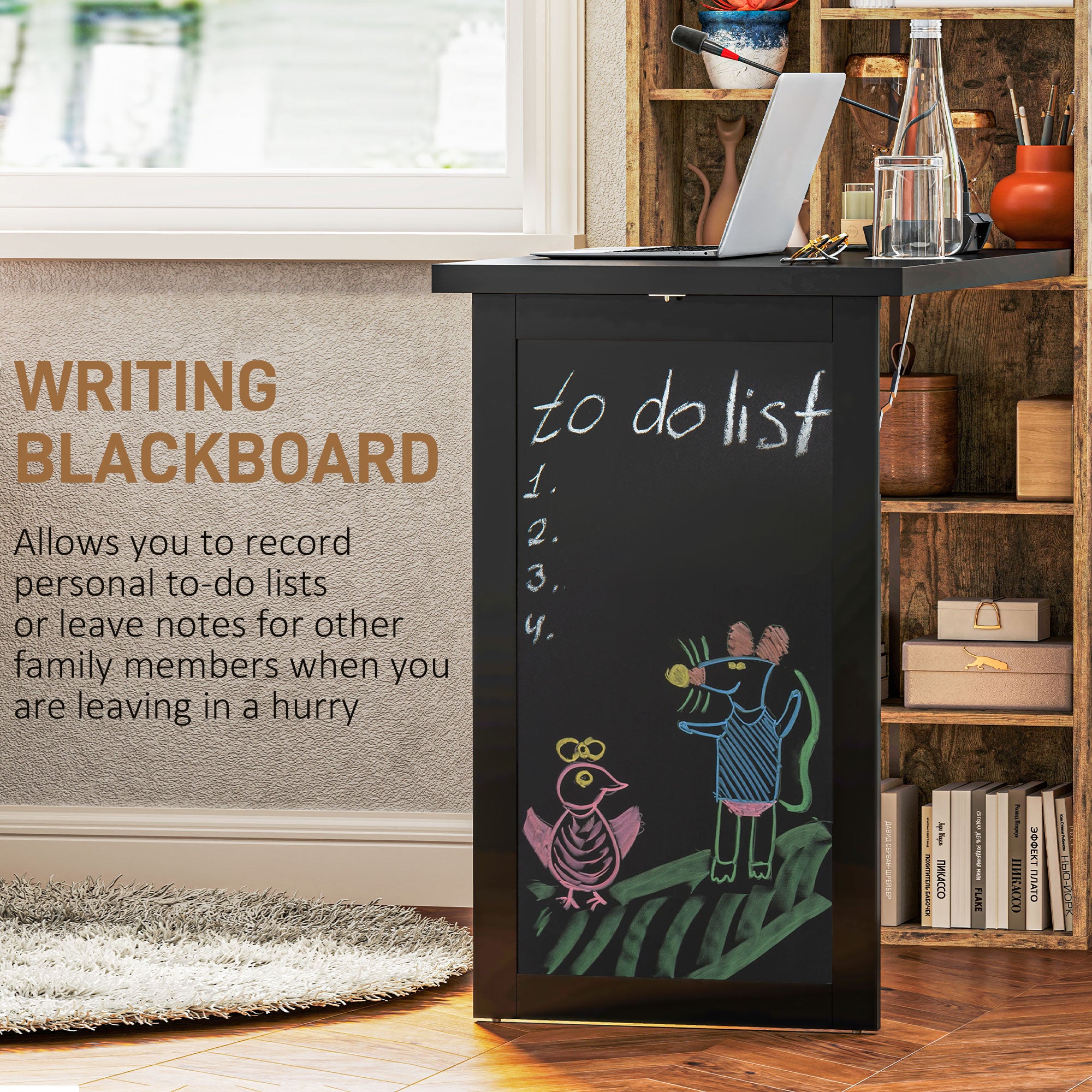 HOMCOM Wall Mounted Computer Desk, Folding Study Table with Black Board and Bookshelf, Multifunctional Floating Writing Desk for Home Office, Rustic Brown