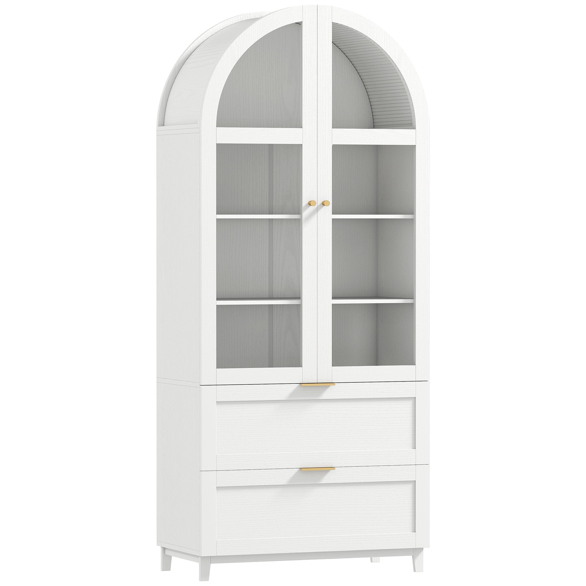 71" Tall Arched Kitchen Pantry Cabinet, Farmhouse Freestanding Kitchen Storage Cabinet with Adjustable Shelves, 2 Drawers, Acrylic Doors for Living Room, Dining Room, White
