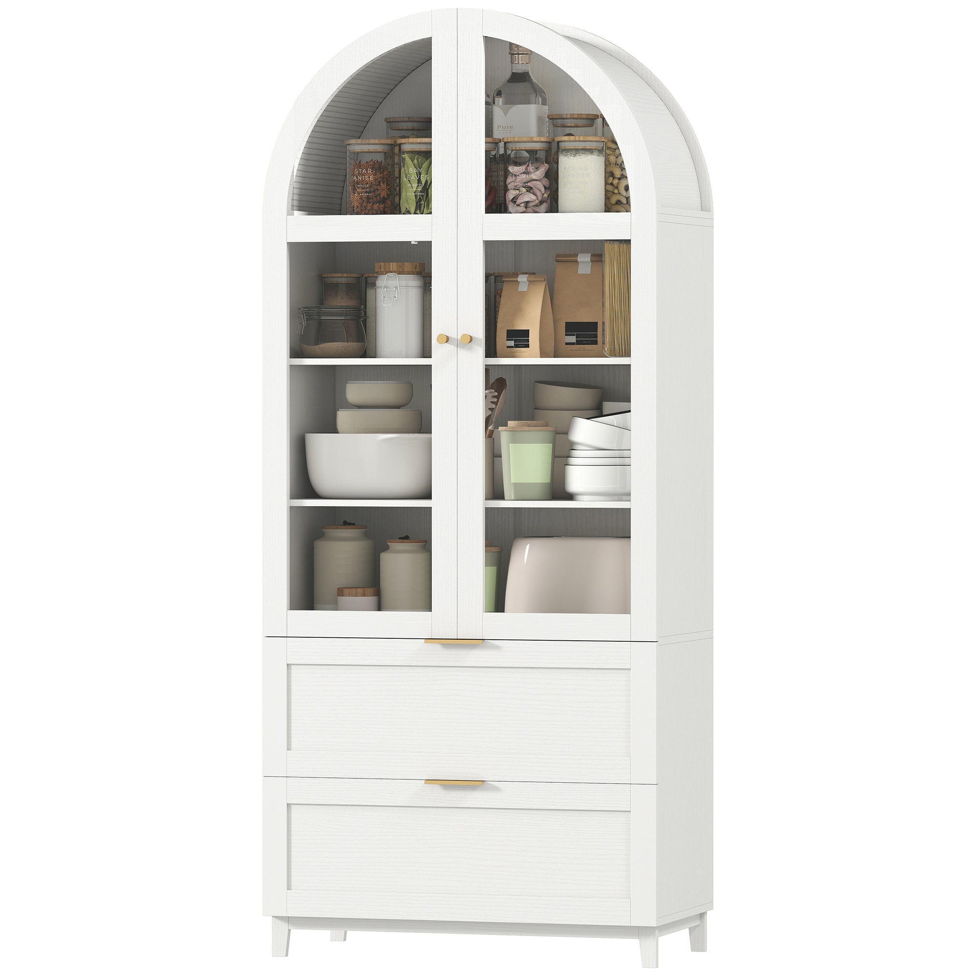 71" Tall Arched Kitchen Pantry Cabinet, Farmhouse Freestanding Kitchen Storage Cabinet with Adjustable Shelves, 2 Drawers, Acrylic Doors for Living Room, Dining Room, White