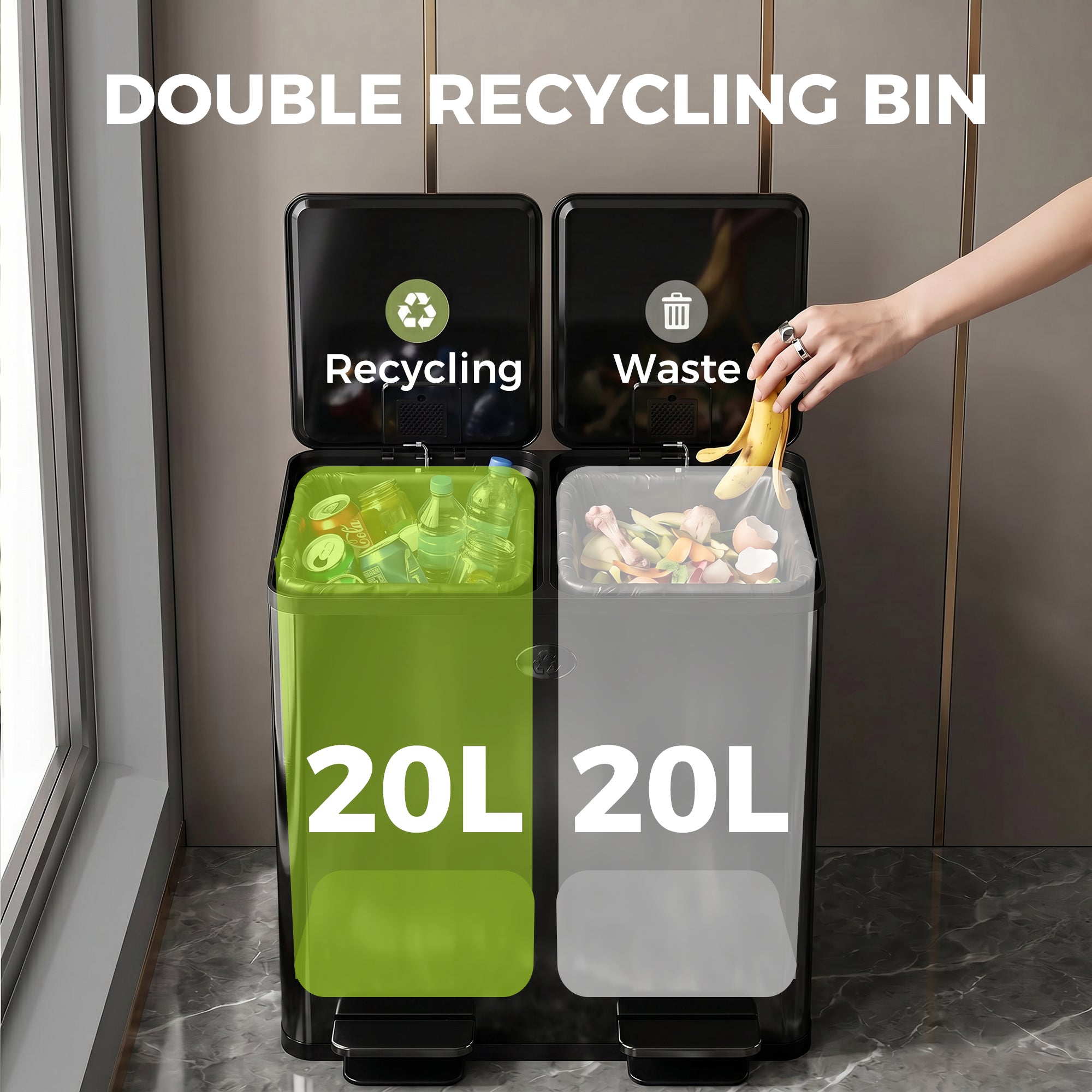 Trash Can, 2 x 5 Gallon Stainless Steel Garbage Can with Soft Close, Stay-Open Lid, Pedals, Inner Buckets and Deodorizer Compartment, Fingerprint-Proof, for Kitchen, Home Office, Black