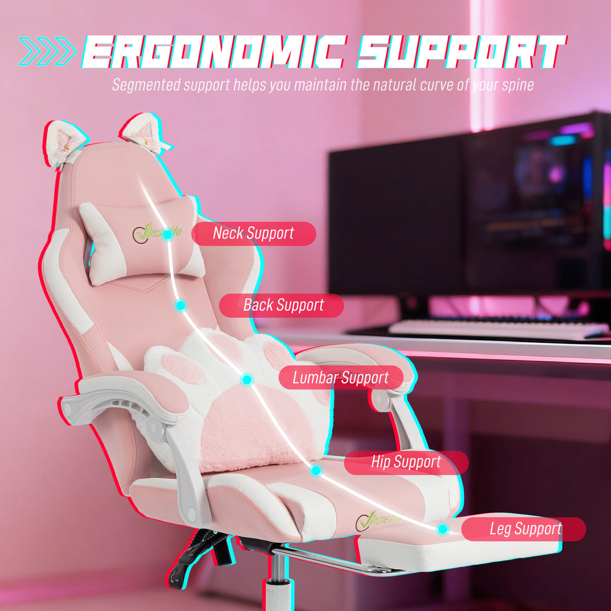 Cute Gaming Chair with Cat Ears, Ergonomic Gamer Computer Chair with Lumbar Support, Footrest, Headrest, High Back, Reclining, Swivel, Faux Leather for Office, Women, Pink