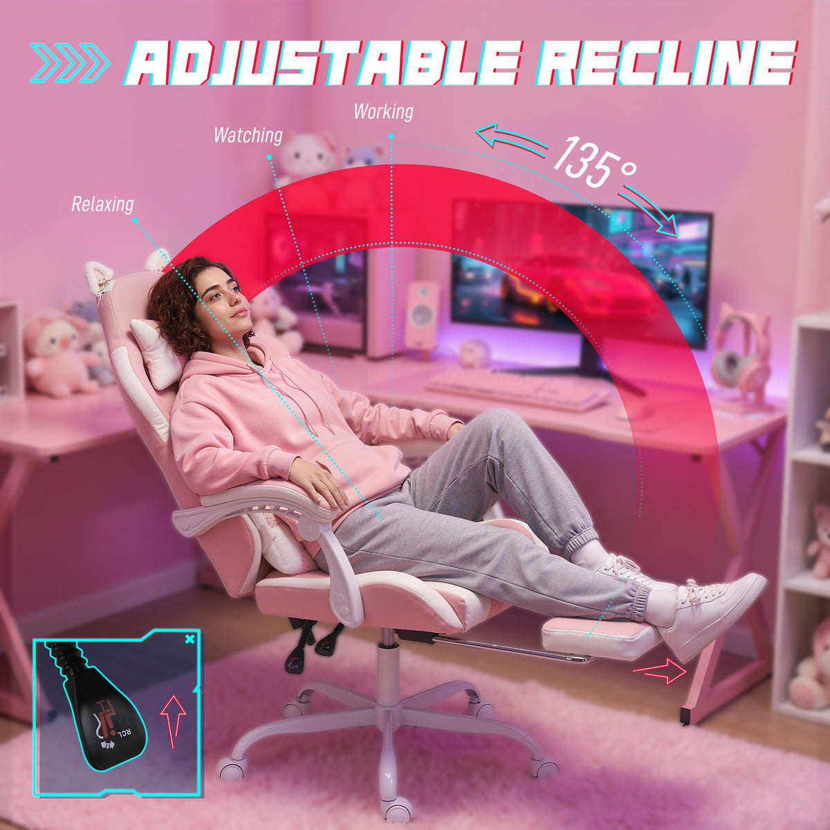 Cute Gaming Chair with Cat Ears, Ergonomic Gamer Computer Chair with Lumbar Support, Footrest, Headrest, High Back, Reclining, Swivel, Faux Leather for Office, Women, Pink