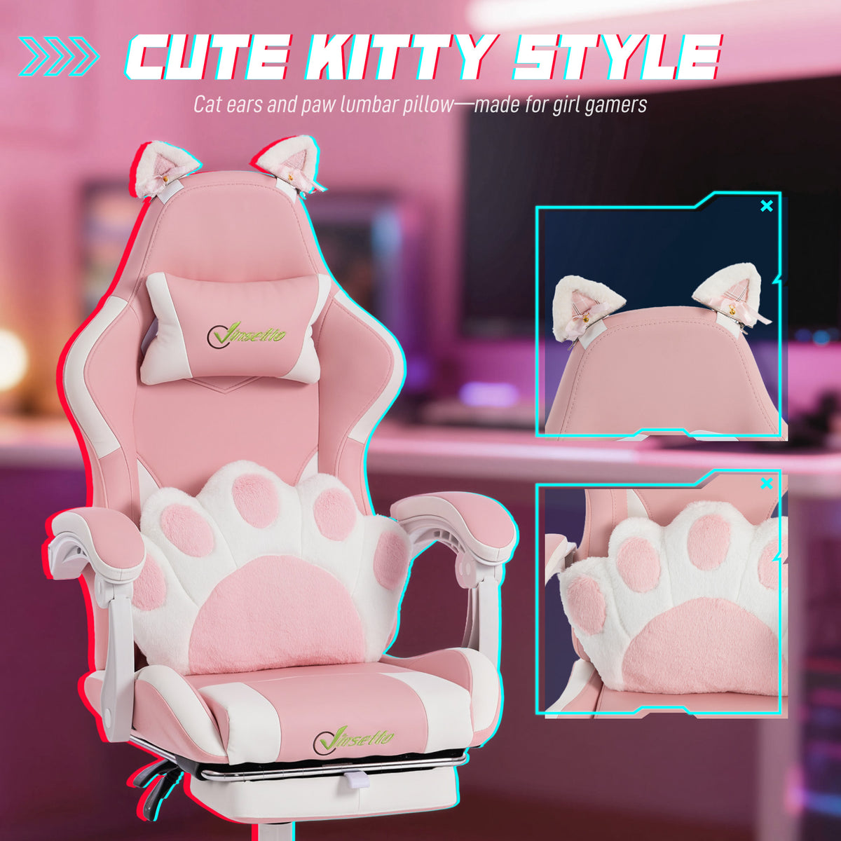 Cute Gaming Chair with Cat Ears, Ergonomic Gamer Computer Chair with Lumbar Support, Footrest, Headrest, High Back, Reclining, Swivel, Faux Leather for Office, Women, Pink