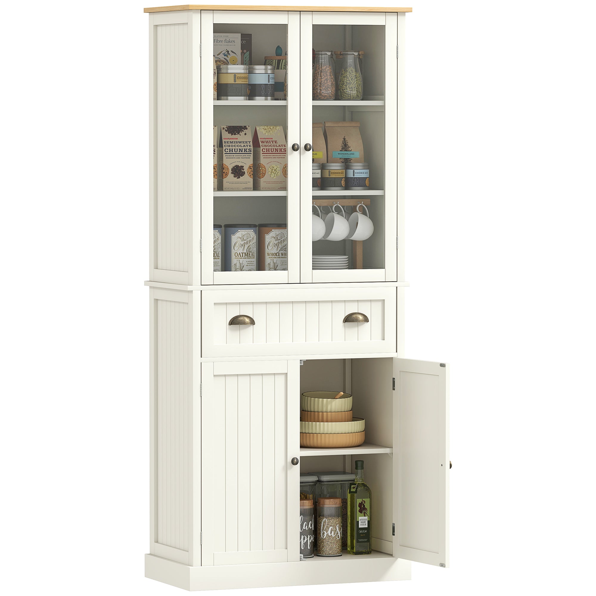 Freestanding Kitchen Cupboard, 5-tier Storage Cabinet with Adjustable Shelves and Drawer for Living Room, Dining Room, Cream White