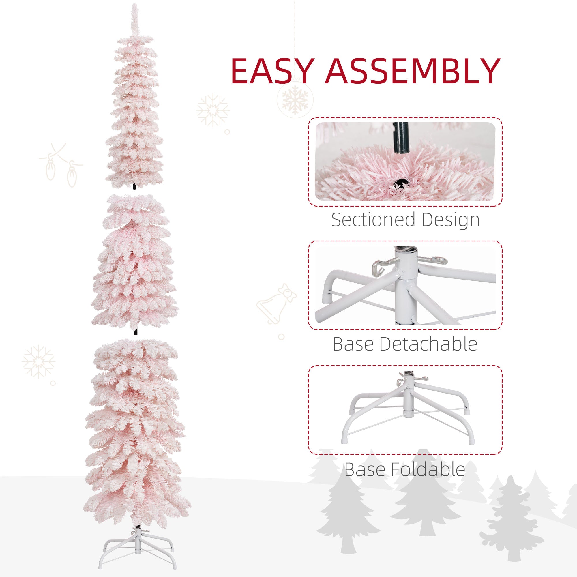 HOMCOM 6 FT Snow-Flocked Artificial Christmas Tree, Slim Pencil Xmas Tree with Realistic Branches, Metal Base, Pink