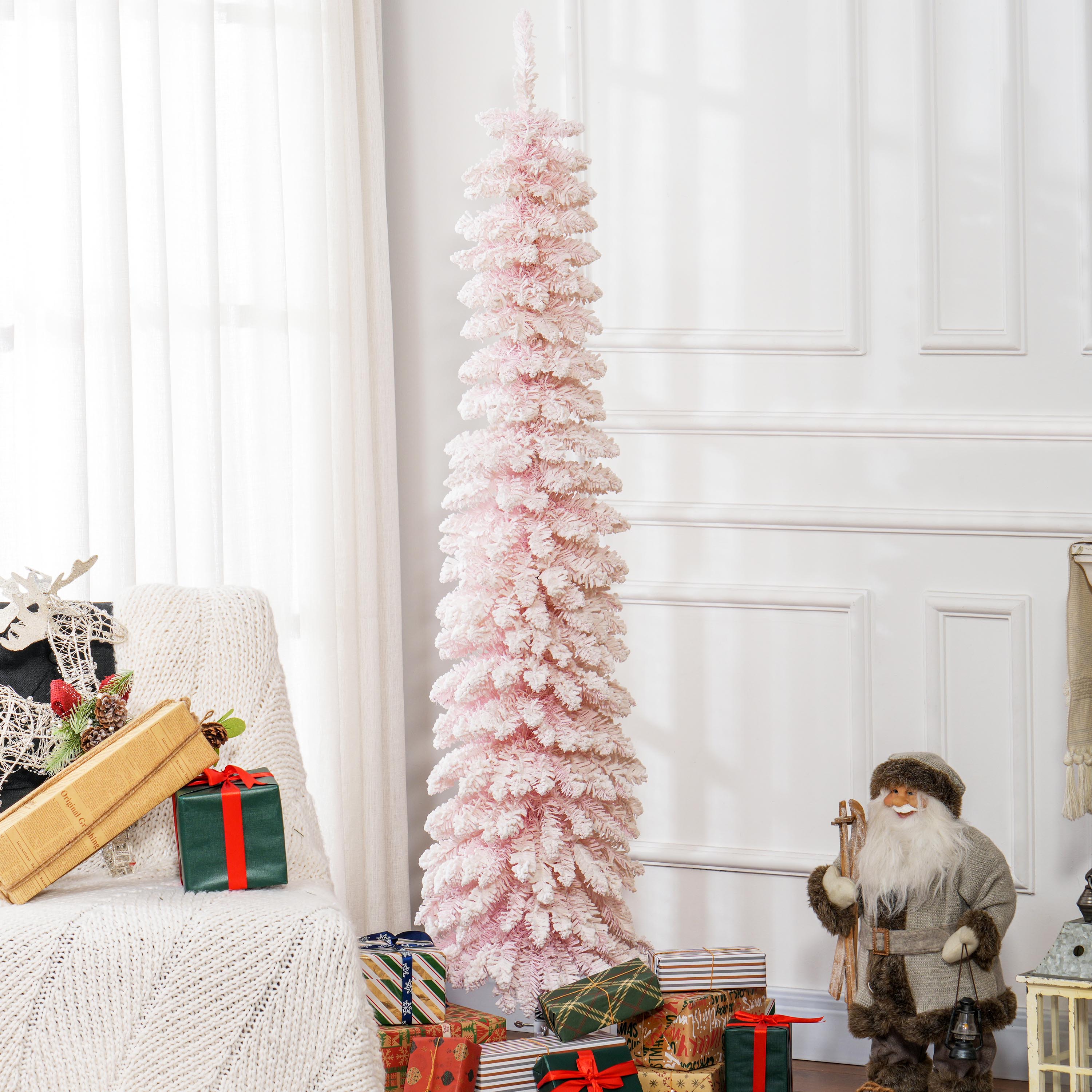 HOMCOM 6 FT Snow-Flocked Artificial Christmas Tree, Slim Pencil Xmas Tree with Realistic Branches, Metal Base, Pink
