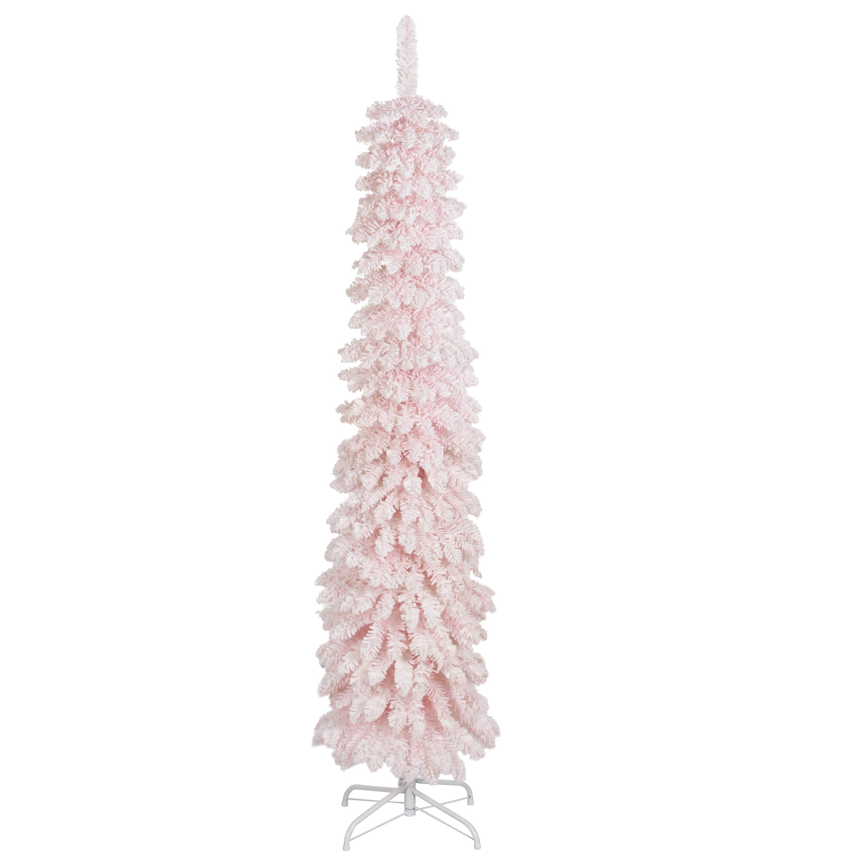 HOMCOM 6 FT Snow-Flocked Artificial Christmas Tree, Slim Pencil Xmas Tree with Realistic Branches, Metal Base, Pink