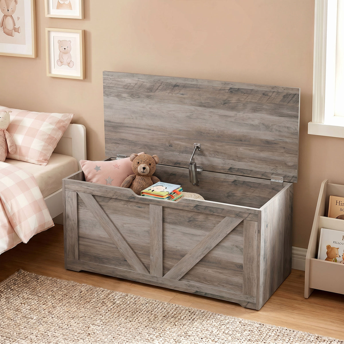 Storage Chest, Storage Bench with Safety Hinge and U-shaped Cut-out Pull for Living Room, Entryway, 31.5" x 15.7" x 17.7", Supports 300 lbs, Grey Wood Grain