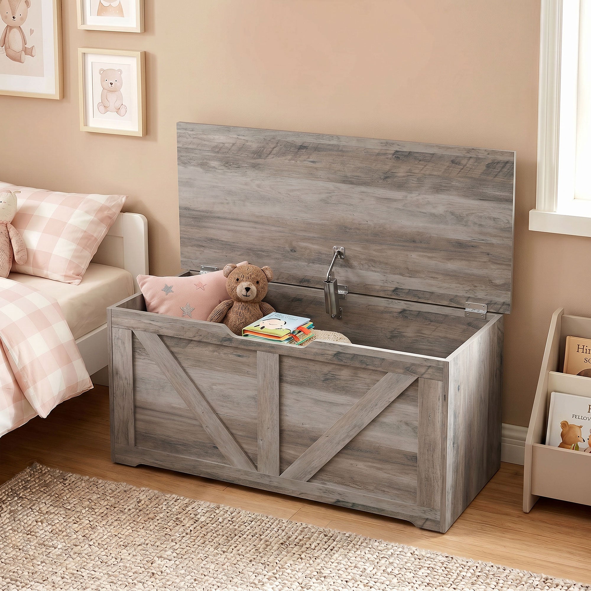 100L Storage Chest, Shoe Storage Trunk Bench Box with Safety Hinge and U-shaped Cut-out Pull, Blanket Box Ottoman for Bedroom, Living Room, Entryway, 80 x 40 x 45 cm, Grey Wood-Effect