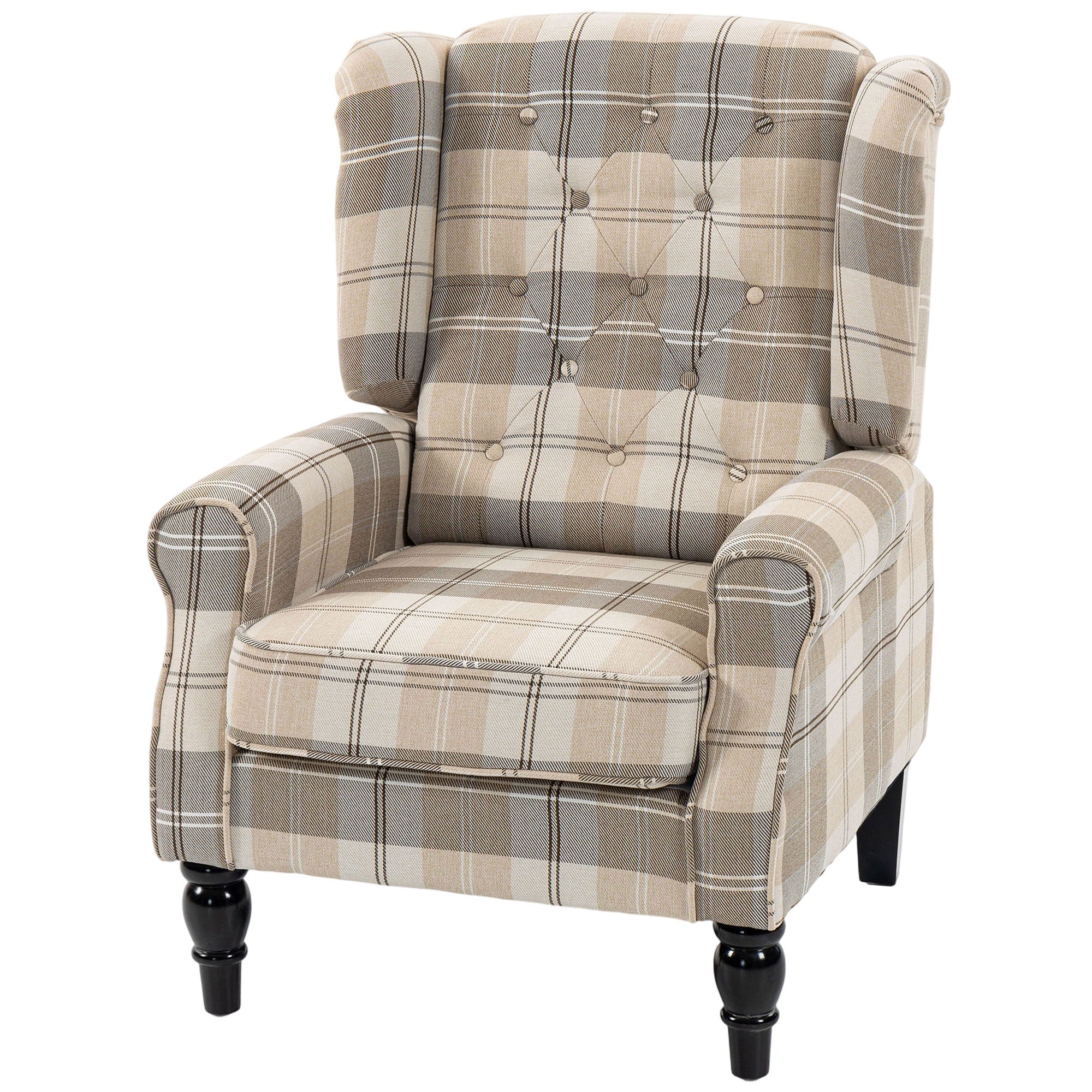 Wingback Accent Chair, Linen-Look Fabric Armchair with Thick Spring Cushion, High Back, Solid Wood Legs, Retro Button Tufted Reading Chair for Living Room, Bedroom, Khaki Plaid