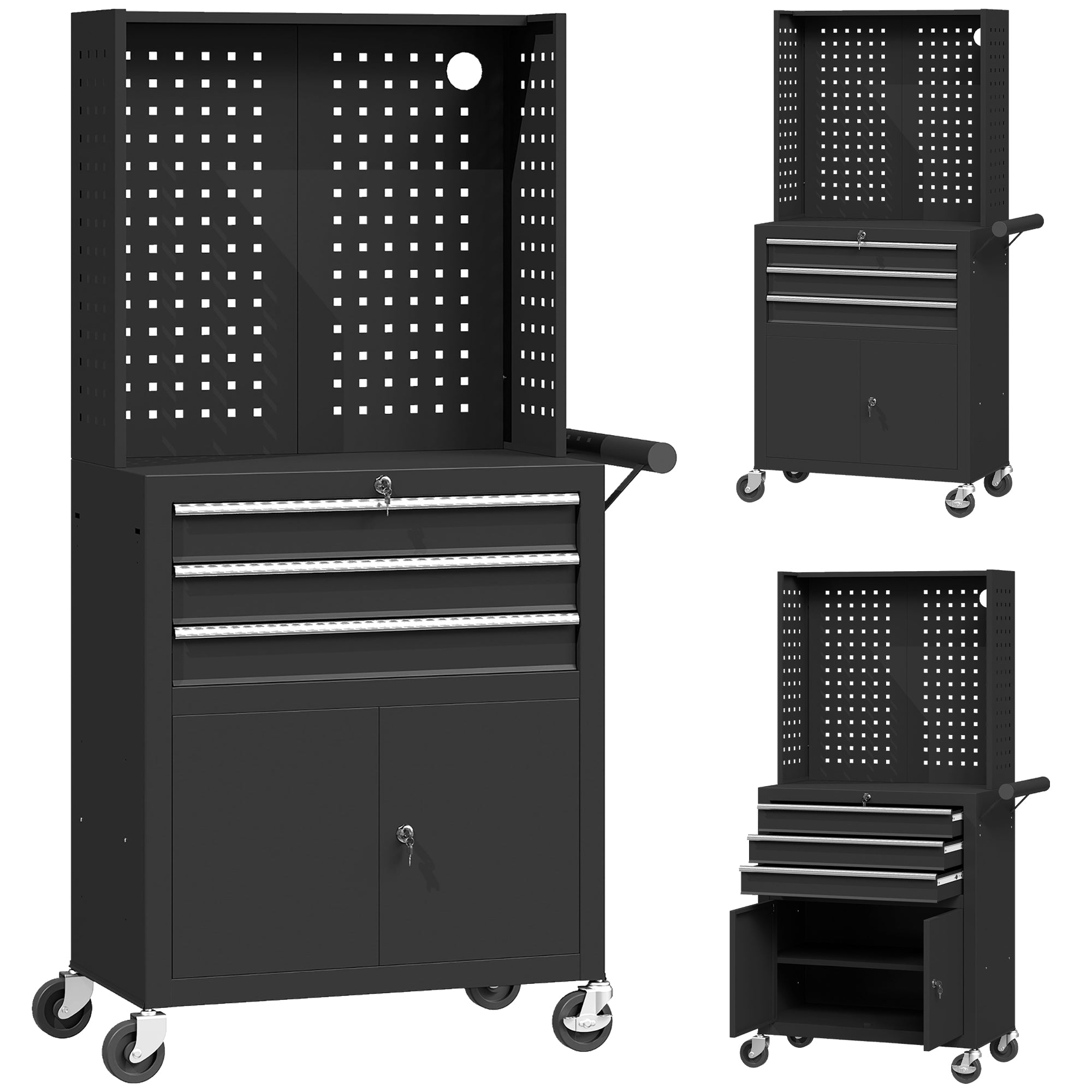 Rolling Tool Cabinet with Pegboard, Lockable Tool Chest with 3 Drawers and Adjustable Shelf, Mobile Tool Storage Organizer for Garage and Workshop, Black
