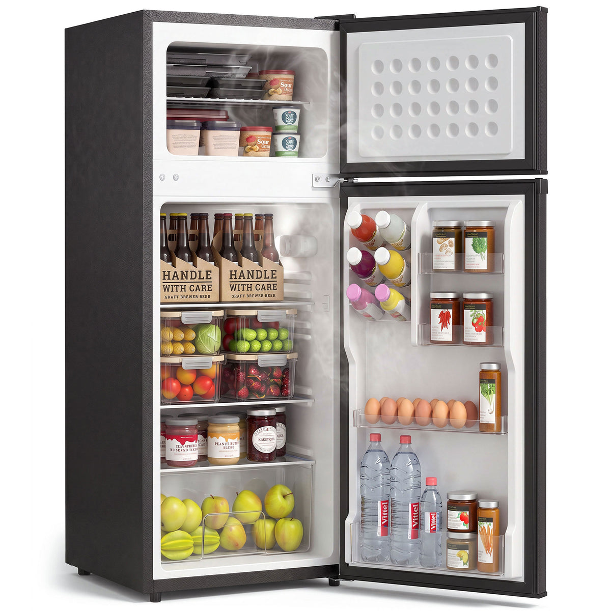 7.7 Cu. Ft. Mini Fridge with Freezer, Double Door Compact Refrigerator with Adjustable Thermostat, Reversible Door, Removable Glass Shelves, Small Refrigerator for Bedroom, Office, Dorm