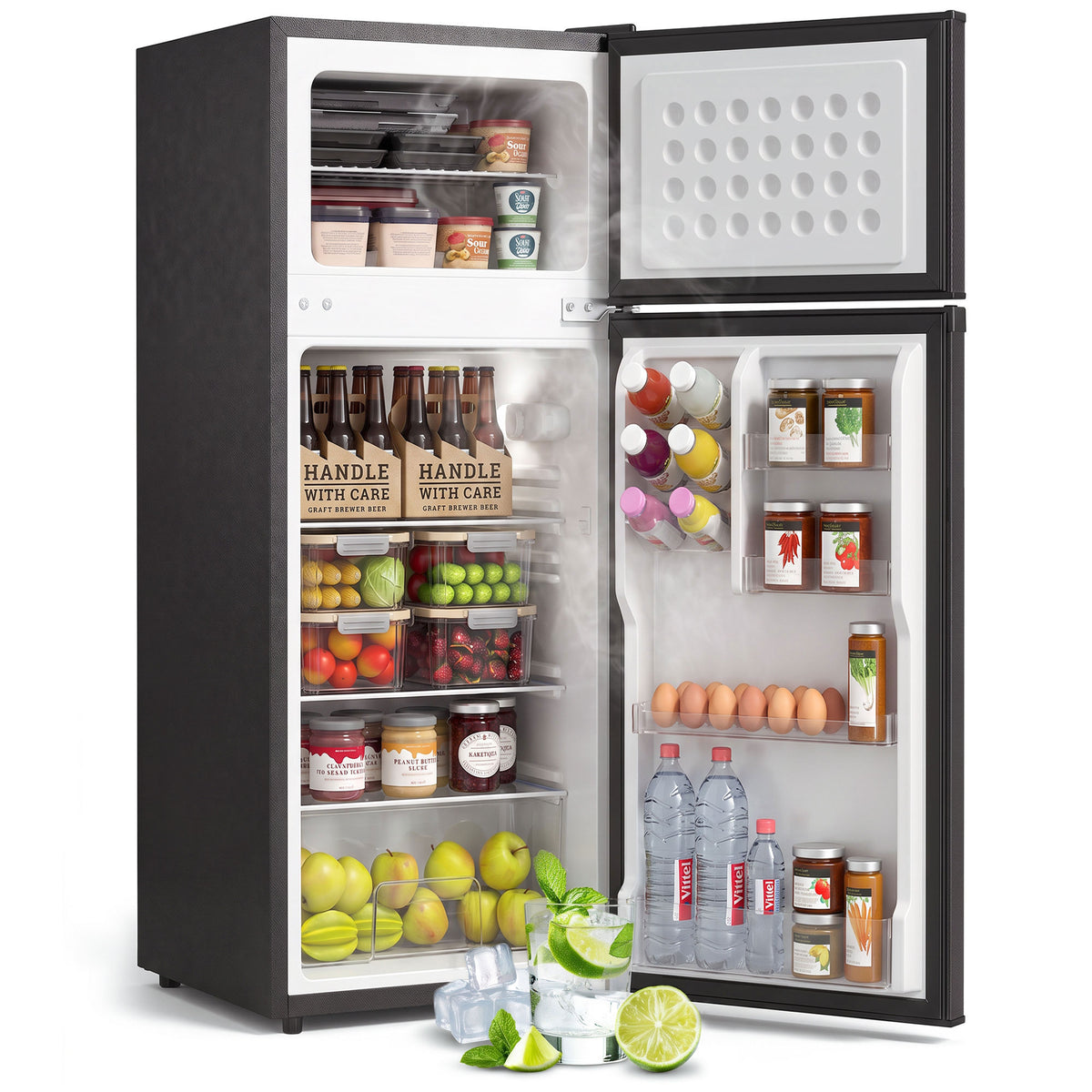 7.7 Cu. Ft. Mini Fridge with Freezer, Double Door Compact Refrigerator with Adjustable Thermostat, Reversible Door, Removable Glass Shelves, Small Refrigerator for Bedroom, Office, Dorm