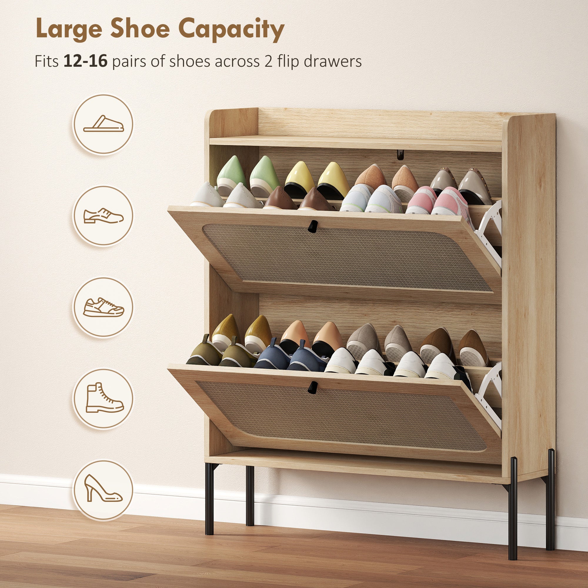 Shoe Cabinet with 2 Flip Drawers, Narrow Shoe Storage Cabinet with Adjustable Shelves, Raised Tabletop, Rattan Accent, Boho Storage Organizer for Entryway, Hallway, Holds 12-16 Pairs, Oak