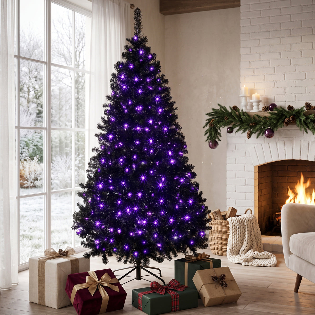 6ft Pre-lit Black Christmas Tree, Artificial Halloween Tree with 680 Purple LED Lights, 680 Tips, Metal Stand, Black