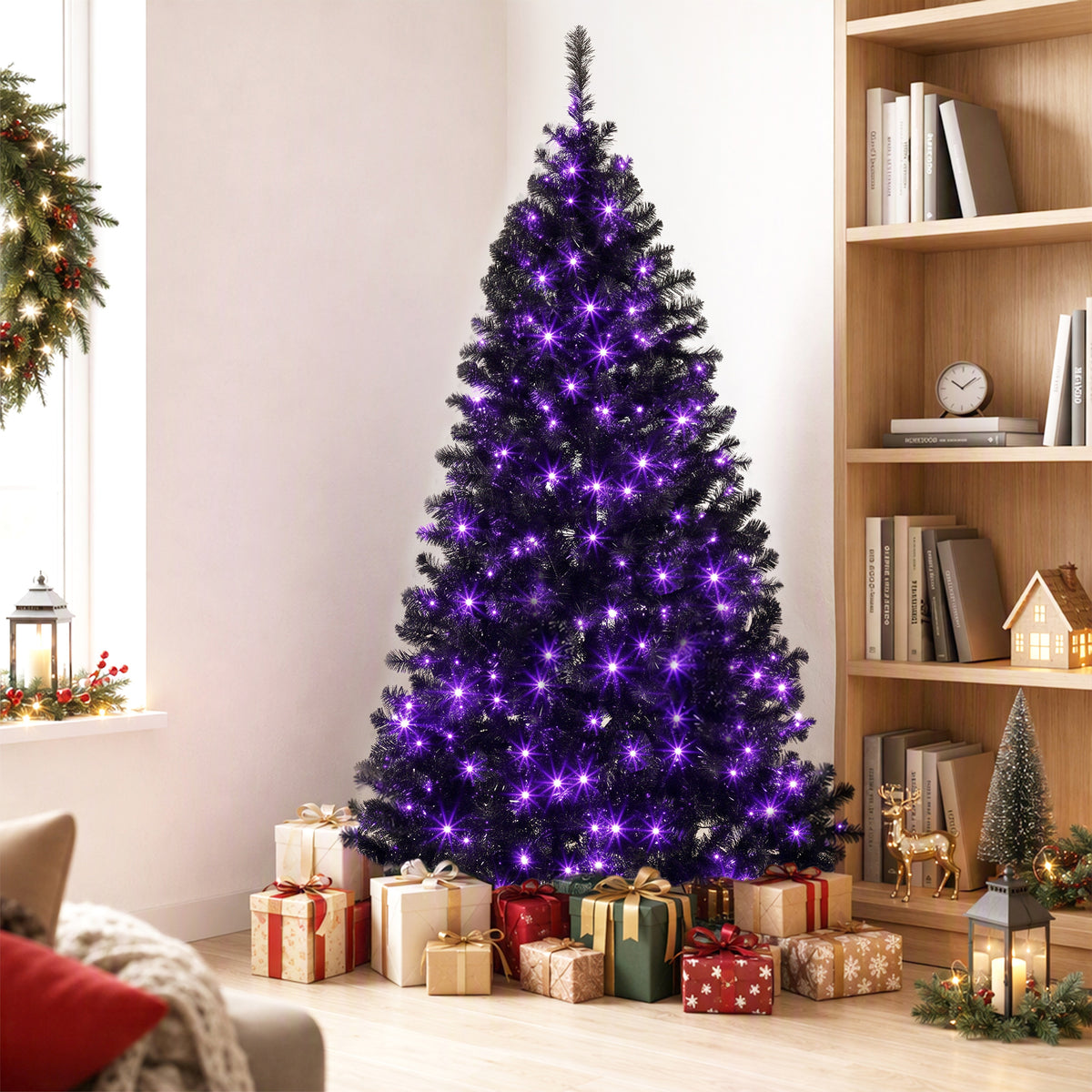 6ft Pre-lit Black Christmas Tree, Artificial Halloween Tree with 680 Purple LED Lights, 680 Tips, Metal Stand, Black