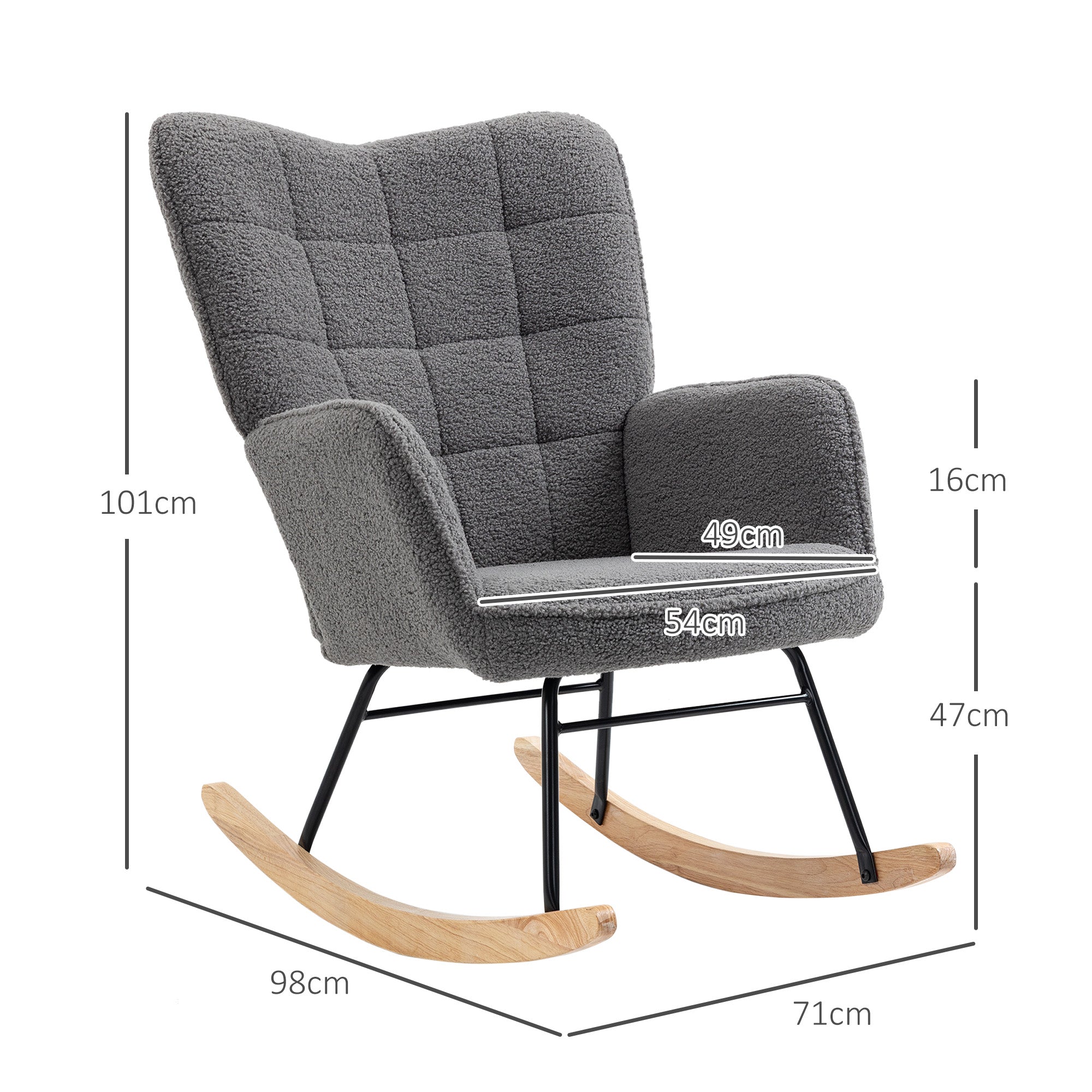 HOMCOM Wingback Rocking Chair with Wooden Base, Fleece Glider Rocker for Nursing, Modern Armchair - Dark Grey