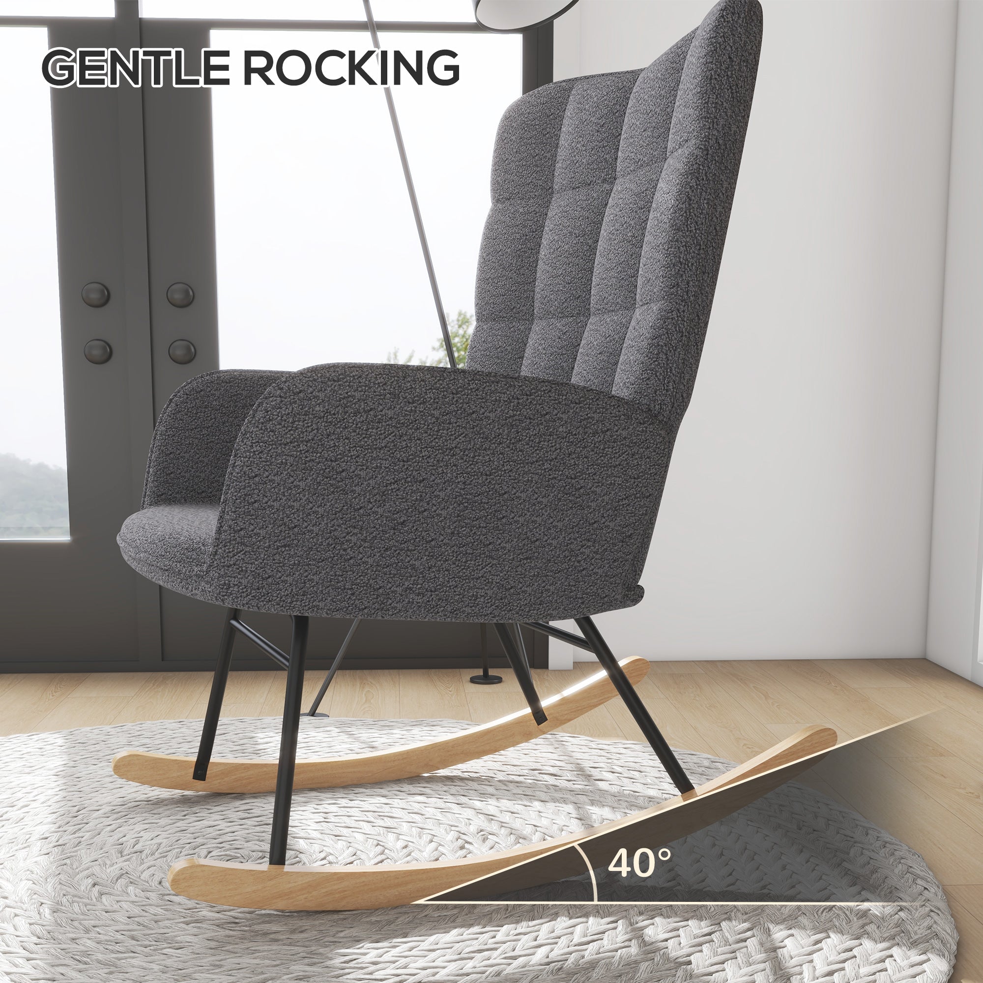 HOMCOM Wingback Rocking Chair with Wooden Base, Fleece Glider Rocker for Nursing, Modern Armchair - Dark Grey