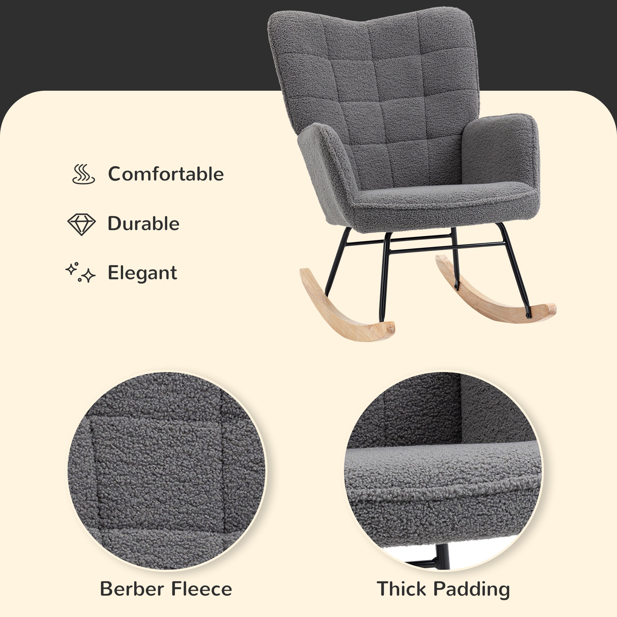 HOMCOM Wingback Rocking Chair with Wooden Base, Fleece Glider Rocker for Nursing, Modern Armchair - Dark Grey