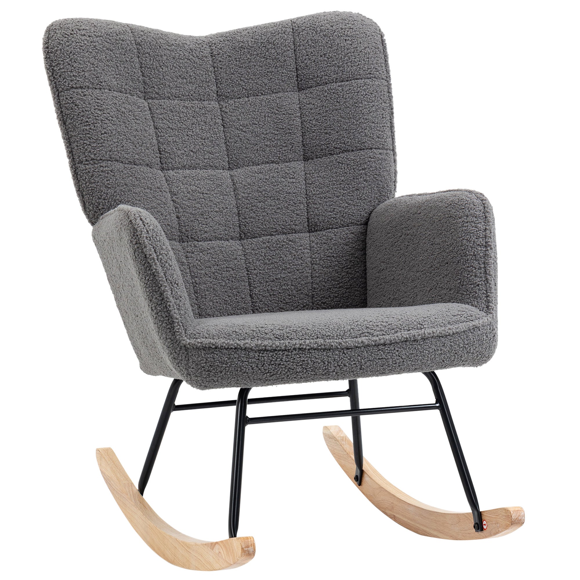 HOMCOM Wingback Rocking Chair with Wooden Base, Fleece Glider Rocker for Nursing, Modern Armchair - Dark Grey