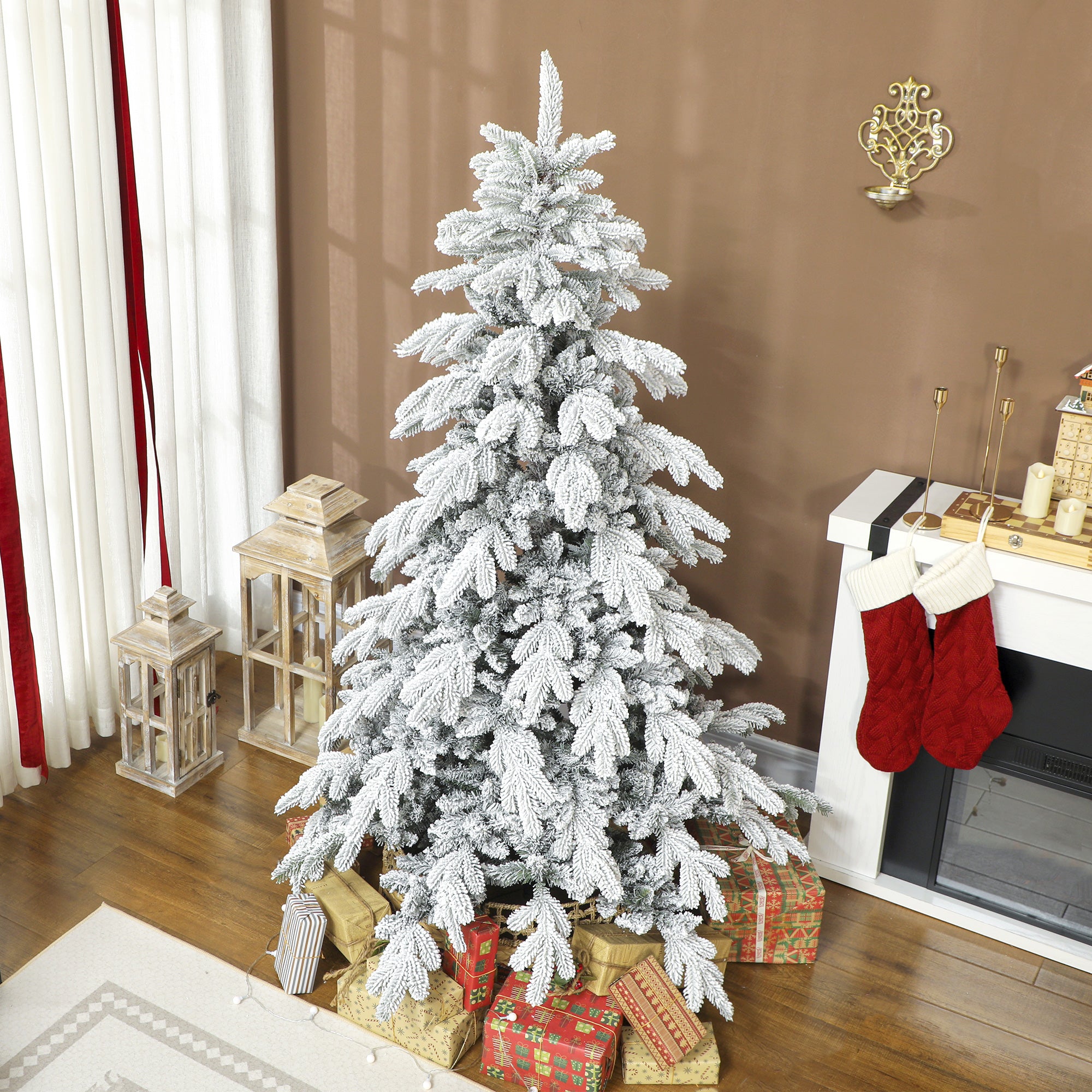 6ft Artificial Christmas Tree, Snow Flocked Christmas Tree with Realistic Dense Branches, Hinged Design, Metal Stand, Wide Shape, Easy Assembly, Xmas Home Decoration, Green White