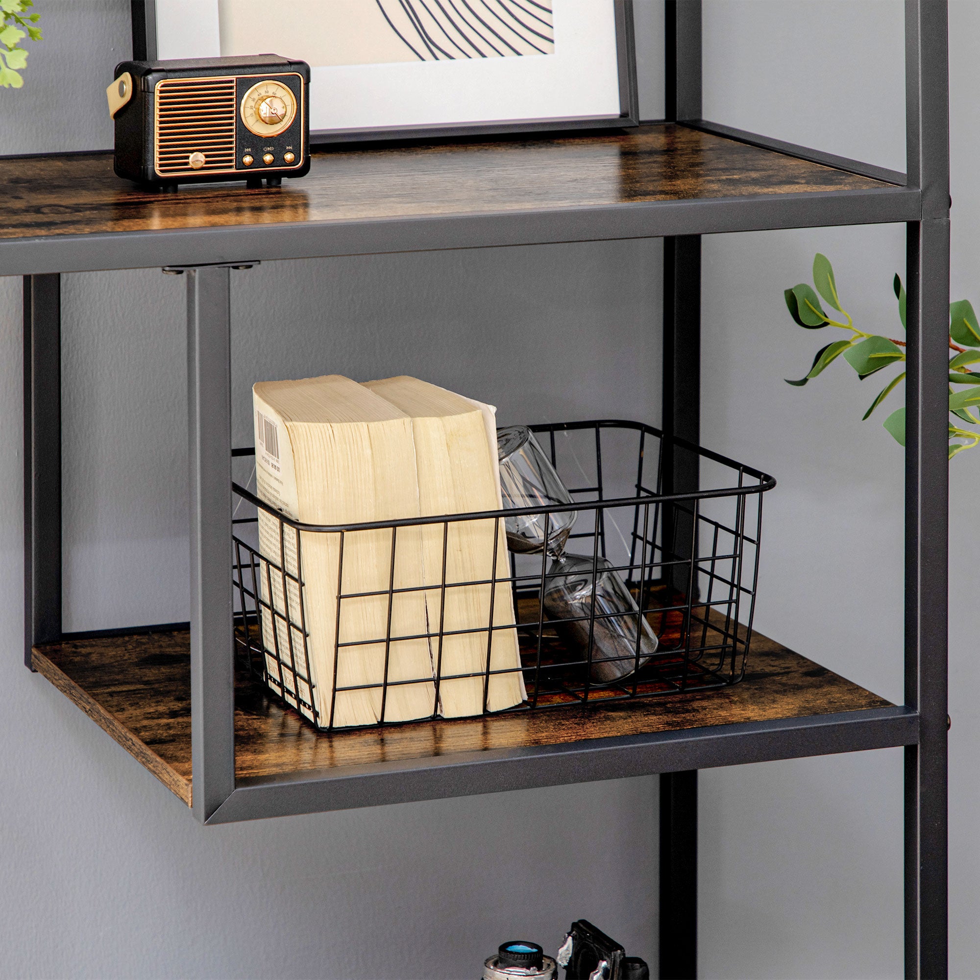 HOMCOM 7 Tier Ladder Shelf, Industrial Book Shelf, Metal Shelving Unit for Living Room, Study, Bedroom, Rustic Brown
