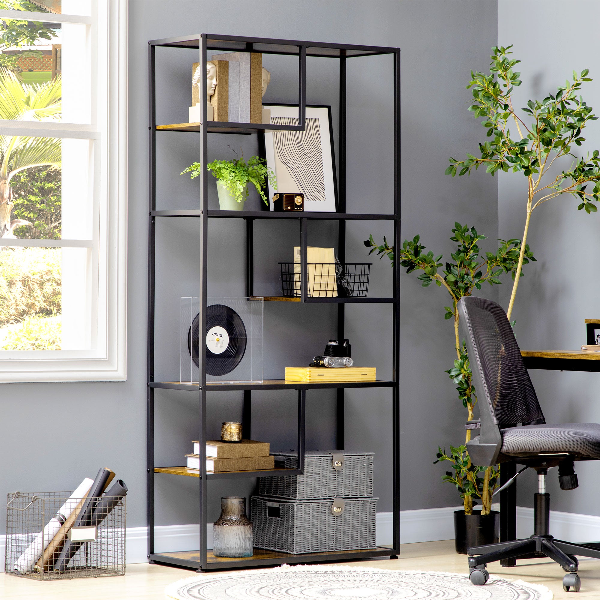 HOMCOM 7 Tier Ladder Shelf, Industrial Book Shelf, Metal Shelving Unit for Living Room, Study, Bedroom, Rustic Brown
